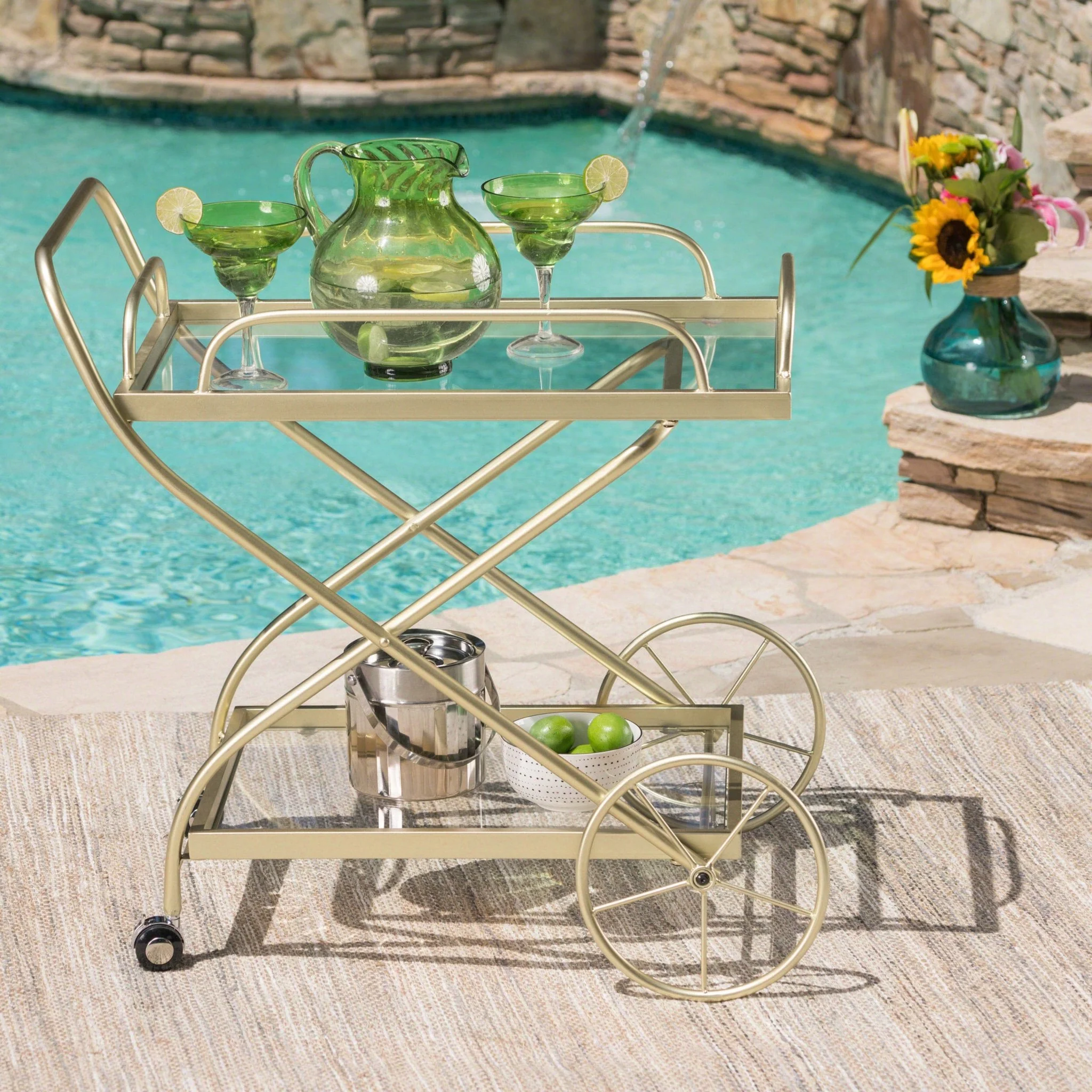 Allegro Outdoor Bar Cart with 2 Tempered Glass Shelves and Metal Frame - Image 8