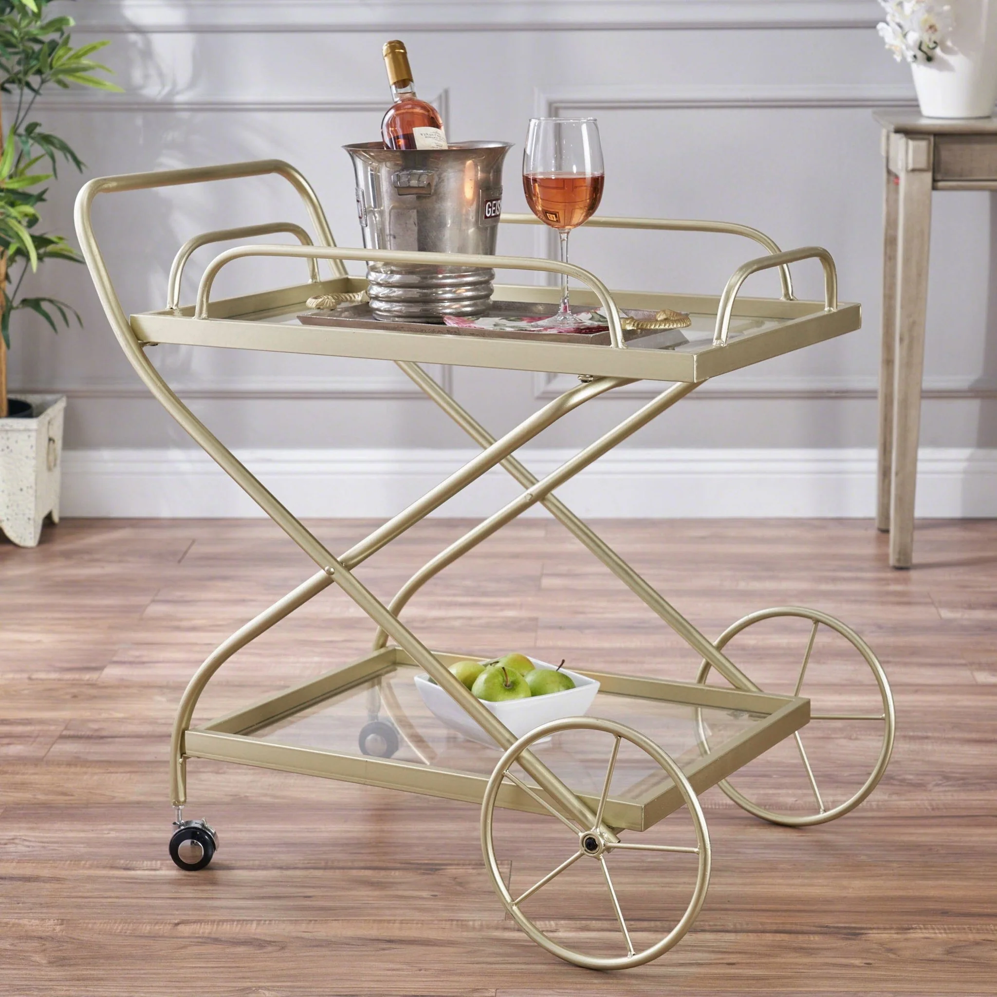 Allegro Outdoor Bar Cart with 2 Tempered Glass Shelves and Metal Frame - Image 9