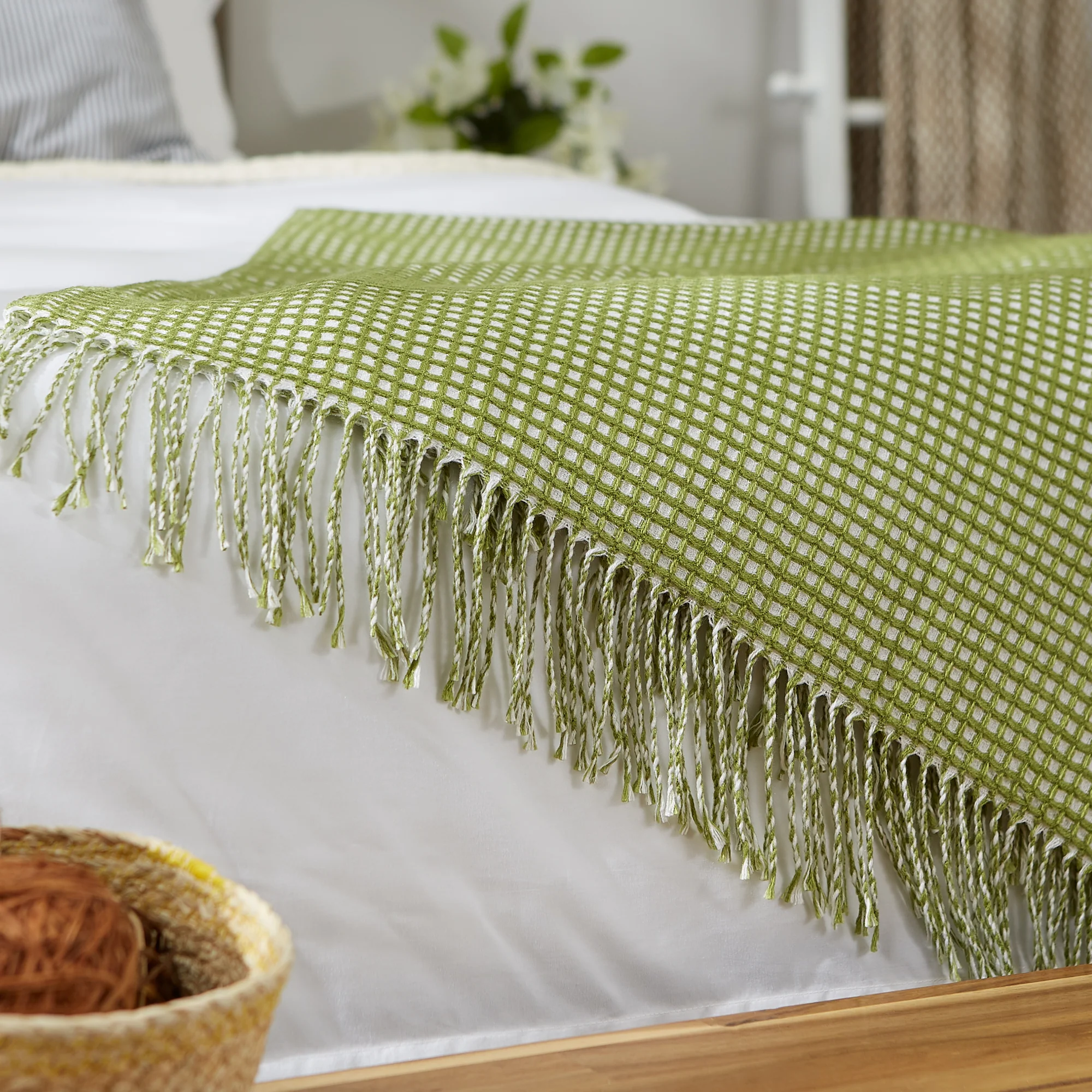 Antique Green & White Waffle Knit Throw - Image 8