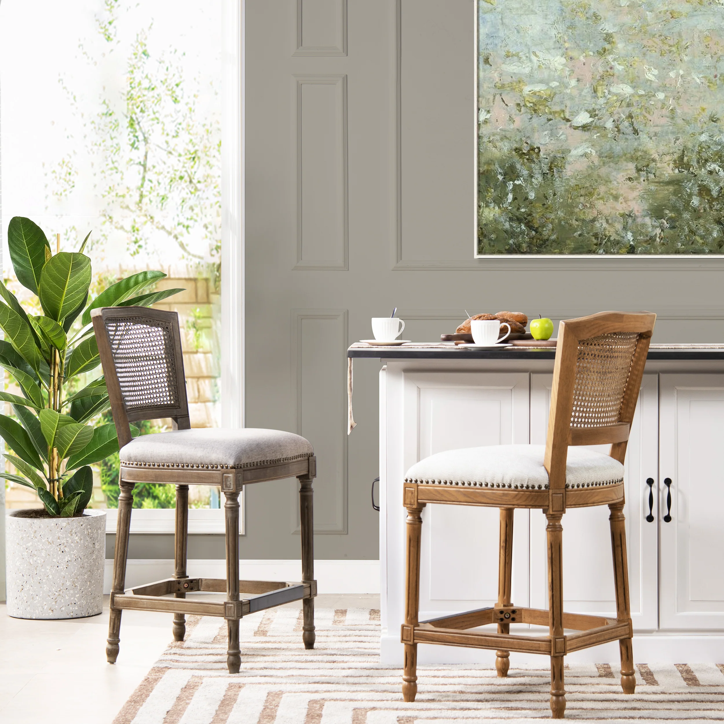 Armless Bar Stool with Nailhead Trim and Rattan High Back - Image 10