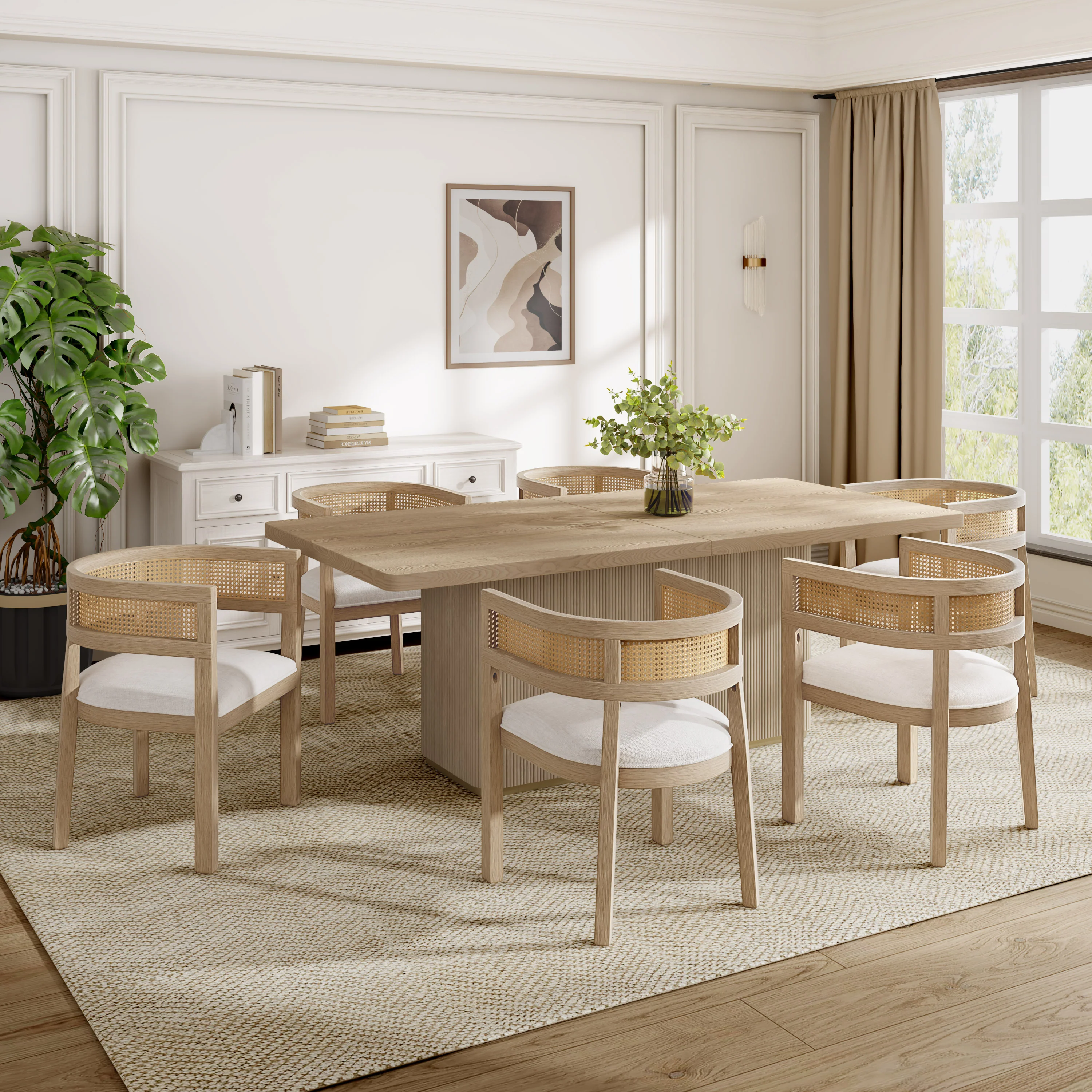 Asbury 7-Piece Mid-Century Modern Wood Upholstered Dining Set with Pedestal Table & Rattan U-Back Chairs