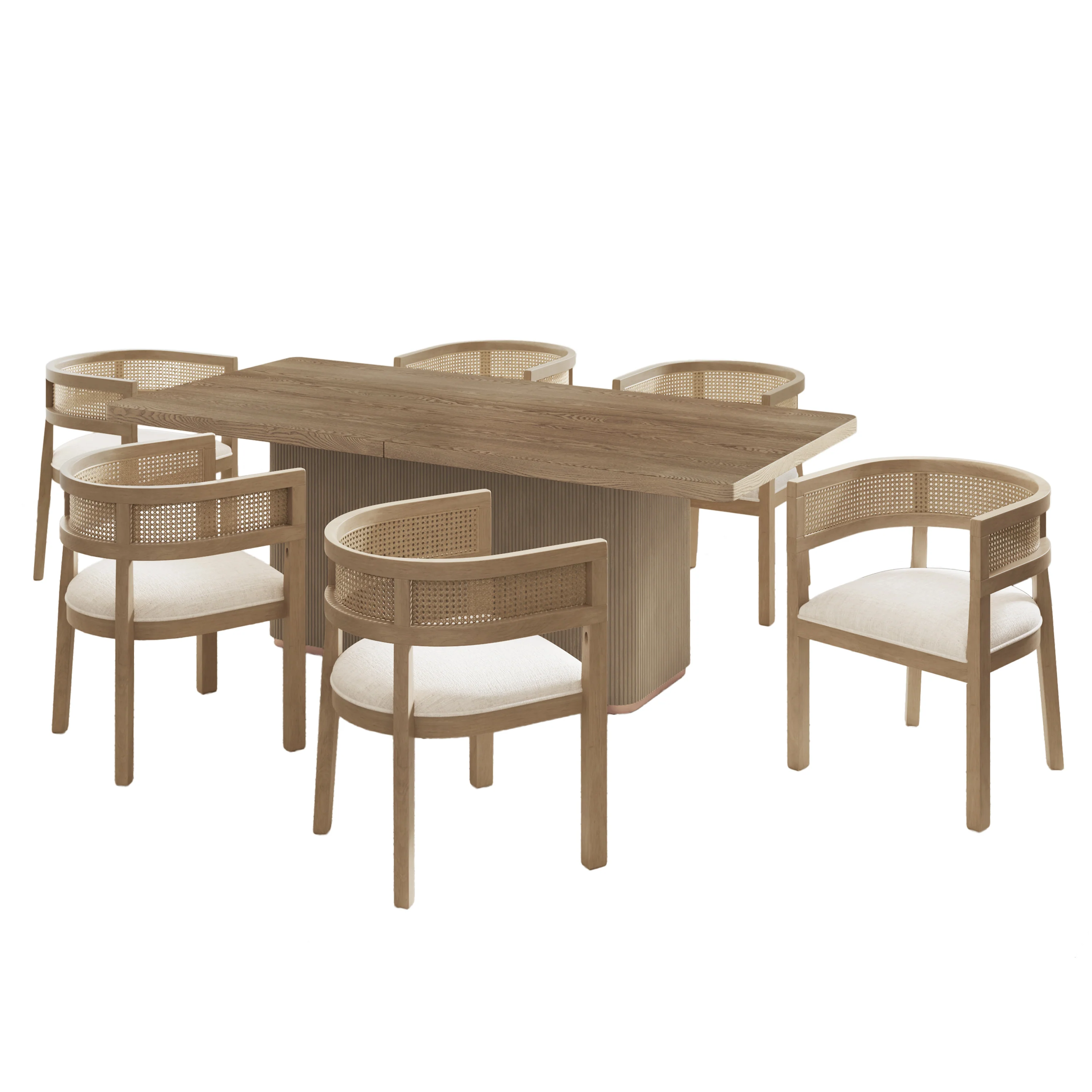 Asbury 7-Piece Mid-Century Modern Wood Upholstered Dining Set with Pedestal Table & Rattan U-Back Chairs - Image 2