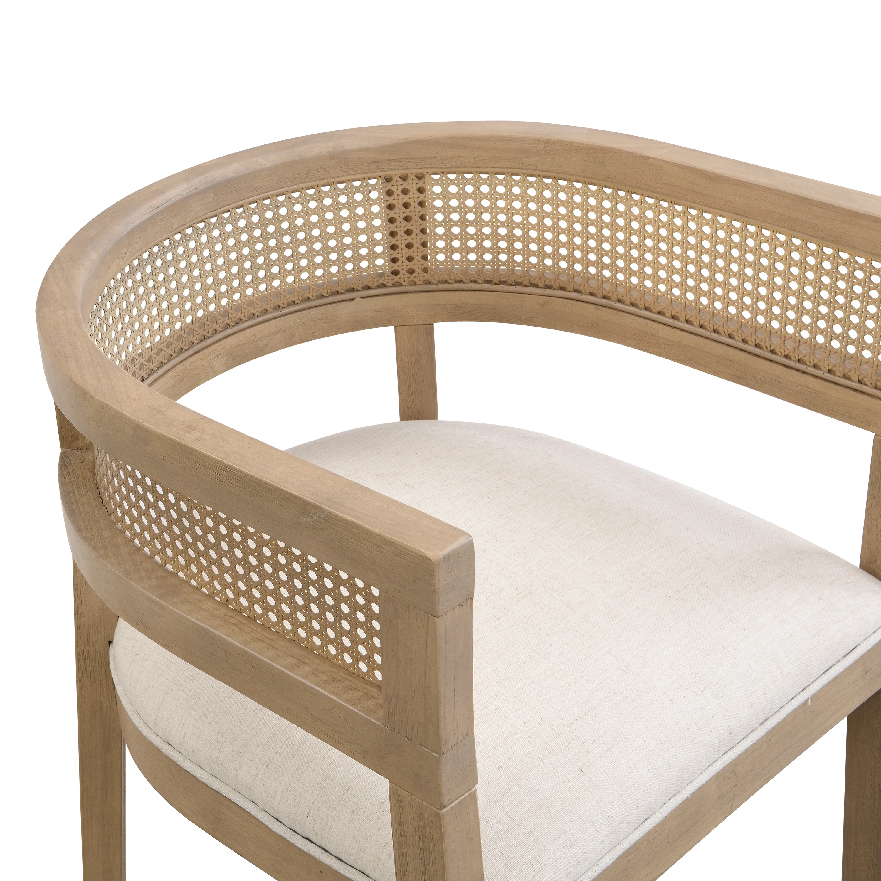 Asbury 7-Piece Mid-Century Modern Wood Upholstered Dining Set with Pedestal Table & Rattan U-Back Chairs - Image 9