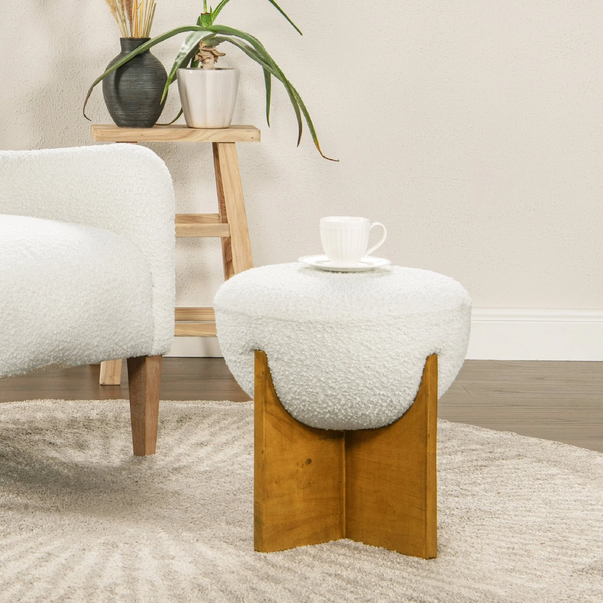 Aviation Round Upholstered Cocktail Ottoman with Natural Wood Base - Image 8