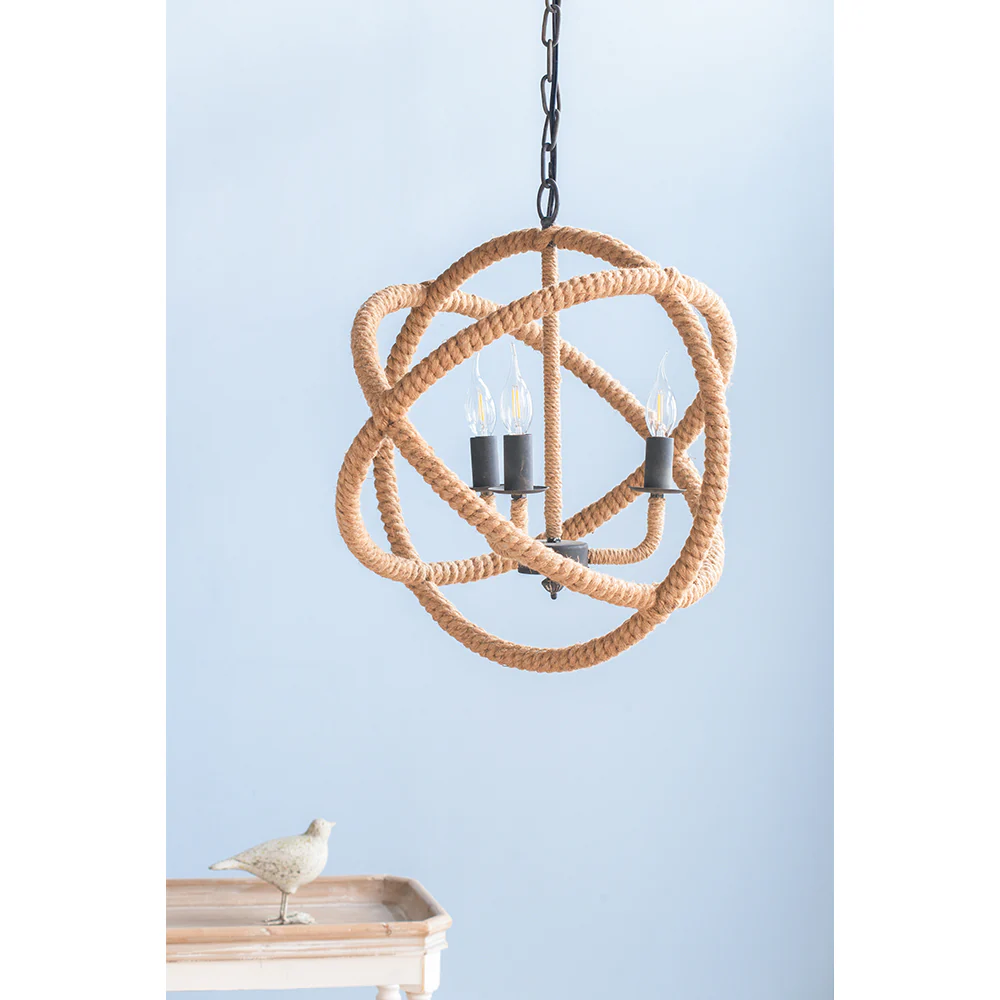 3- Light Farmhouse Rope Globe Chandelier with with Adjustable Chain - Image 2