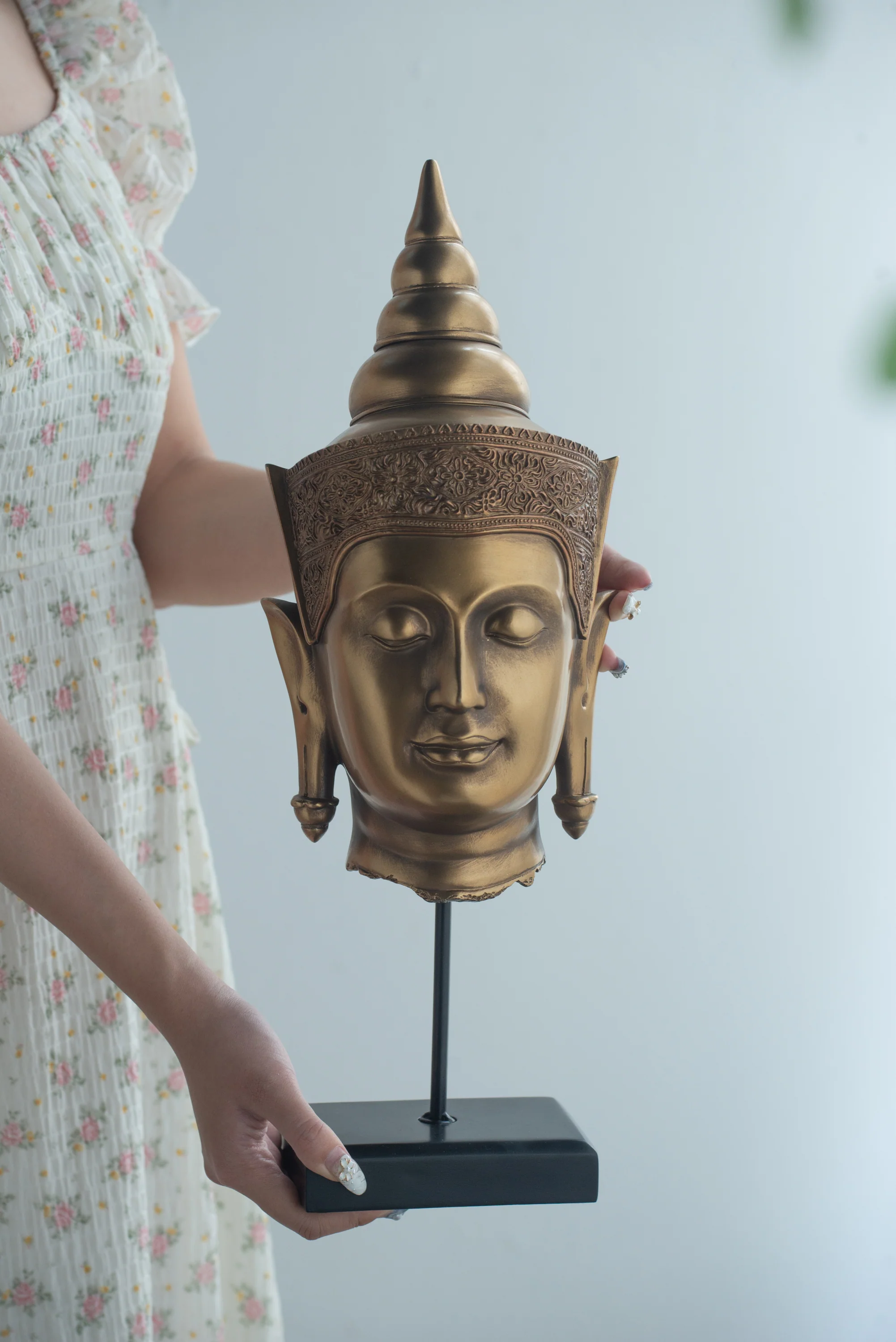 Bronze Buddha Statue Head On Stand - Image 8
