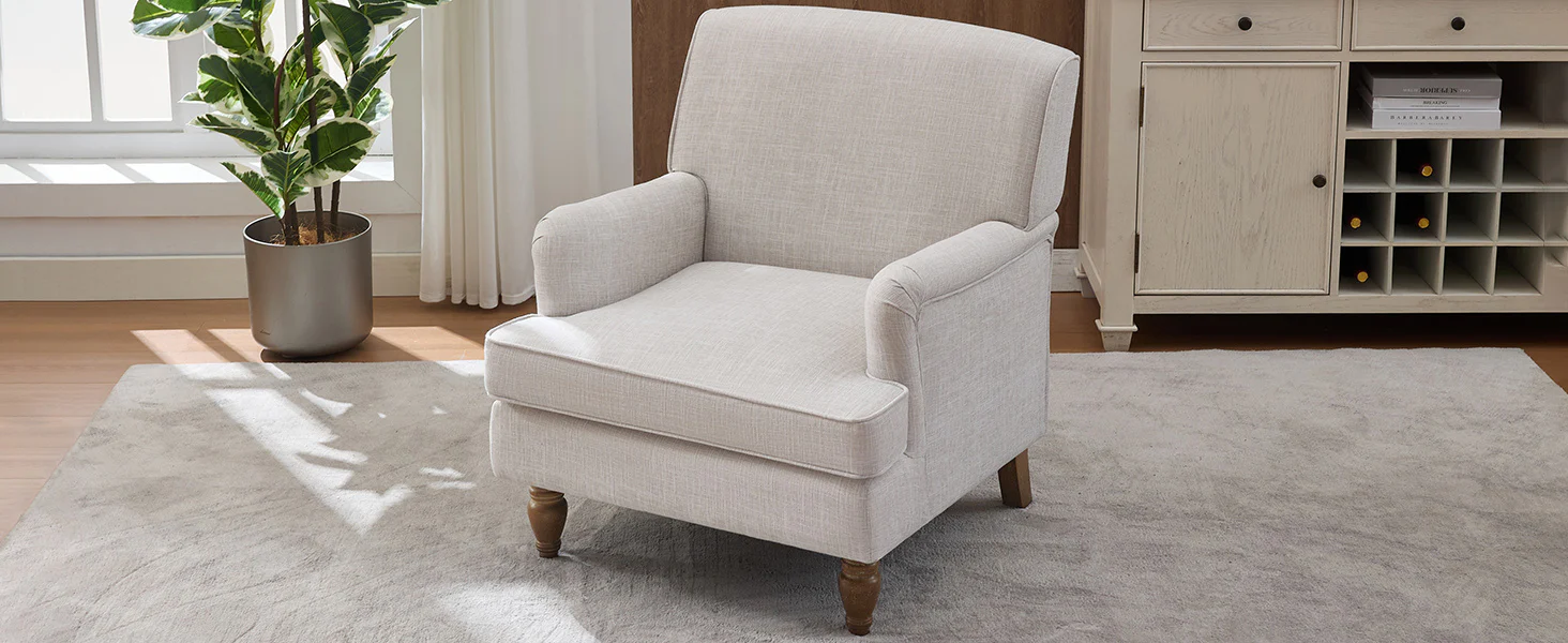 Benton Upholstered Linen Fabric Armchair with Antique Solid Wood Legs - Image 15