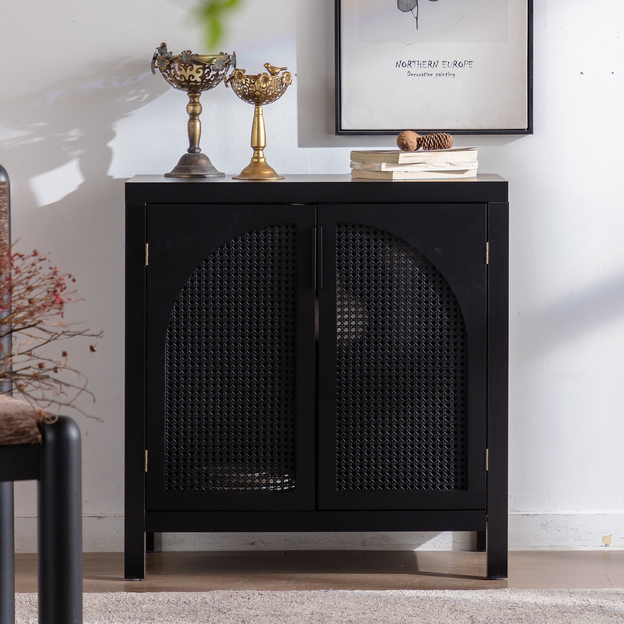 Black Accent Cabinet with Rattan Doors - Image 12