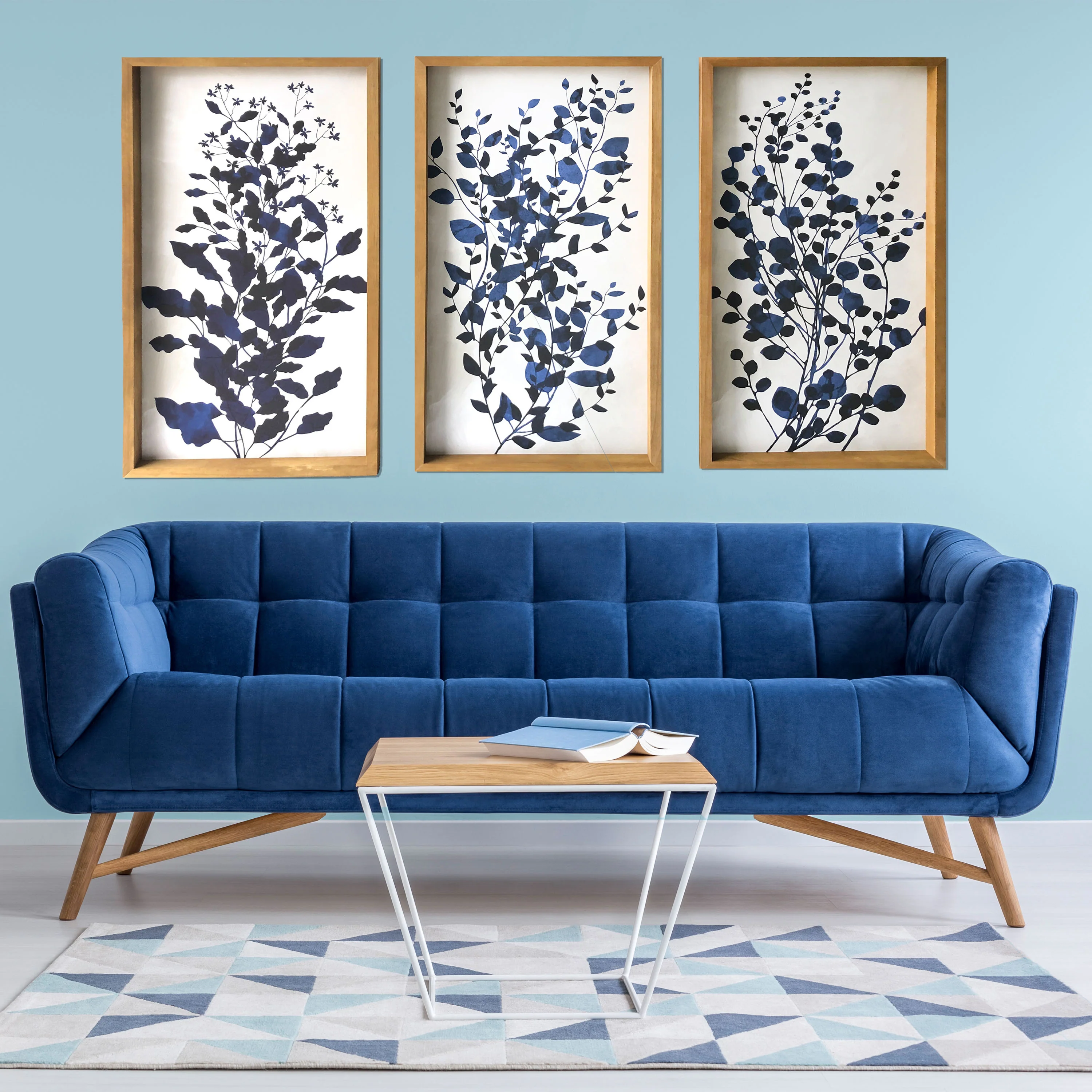 Blue Branches 3-Piece Large Print on Wood Framed Canvas Wall Art, 48"x30" - Image 5