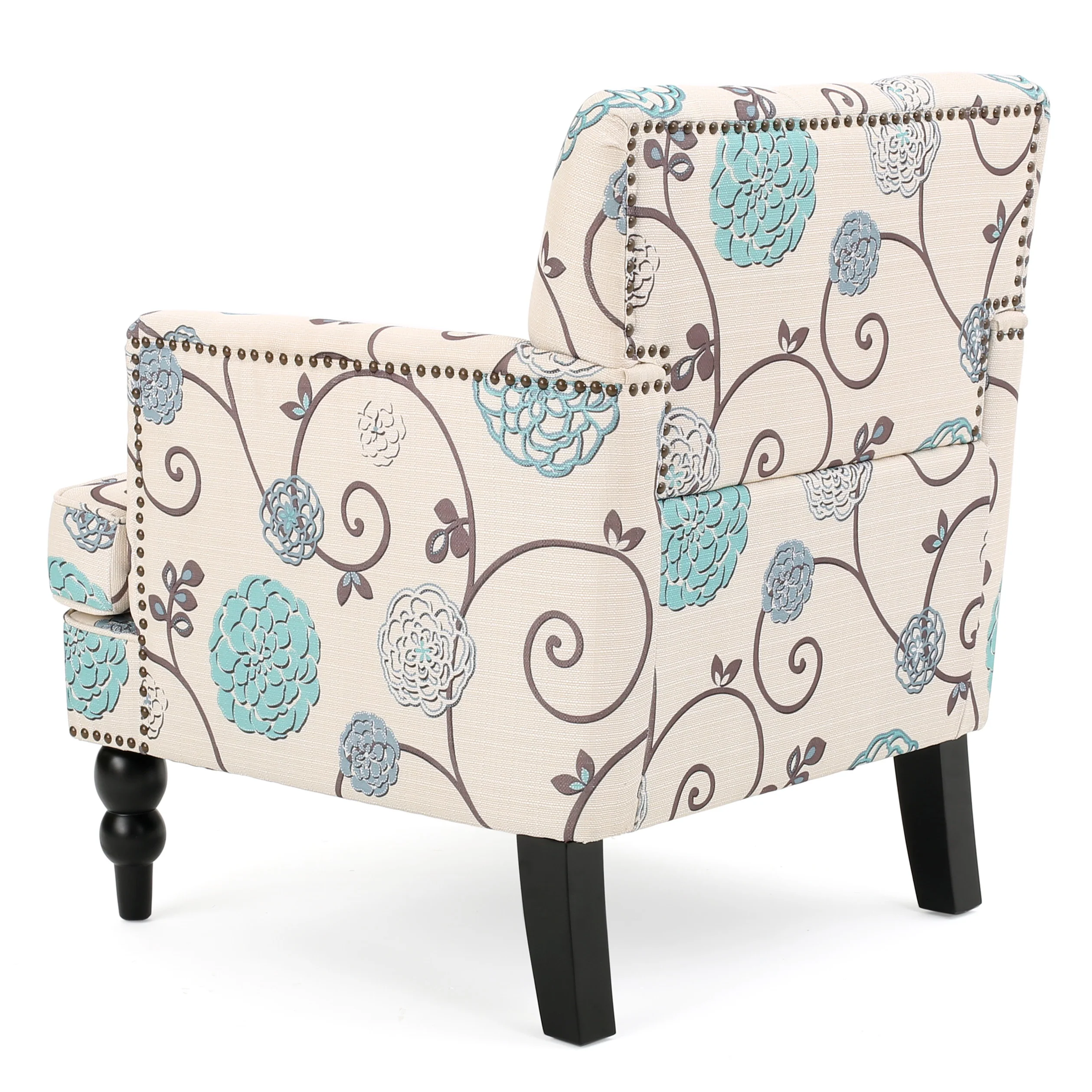 Blue Floral Club Accent Chair with Button-Tufted Diamond Stitching and Turned Legs - Image 7