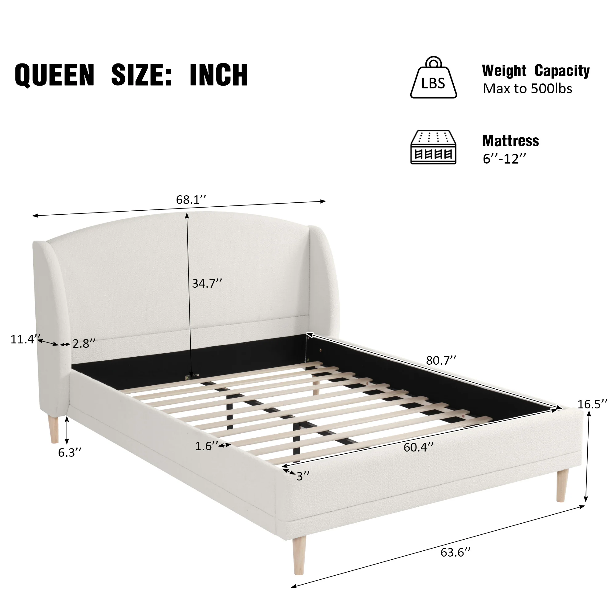 Boucle Fabric Upholstered Platform Bed - Image 5