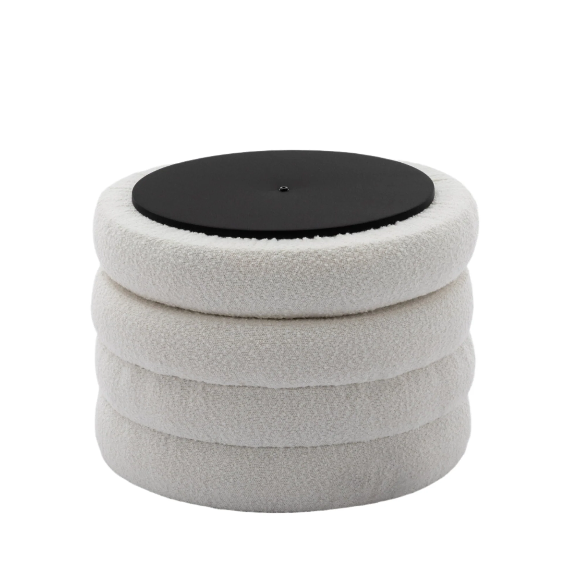 Boucle Storage Round Ottoman Footstool With Wooden Shelving - Image 21