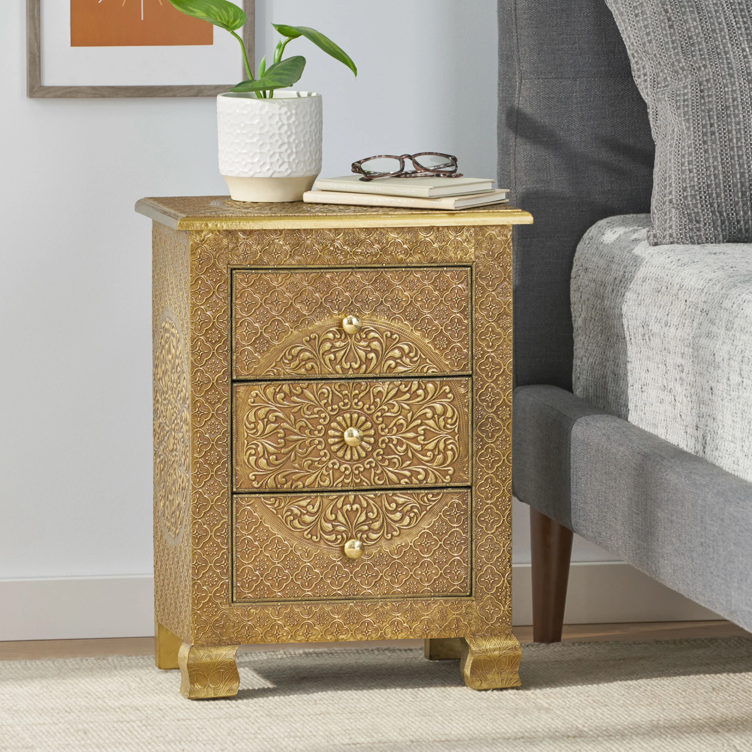 Brass Metal Clad 3-Drawer Nightstand - Image 4