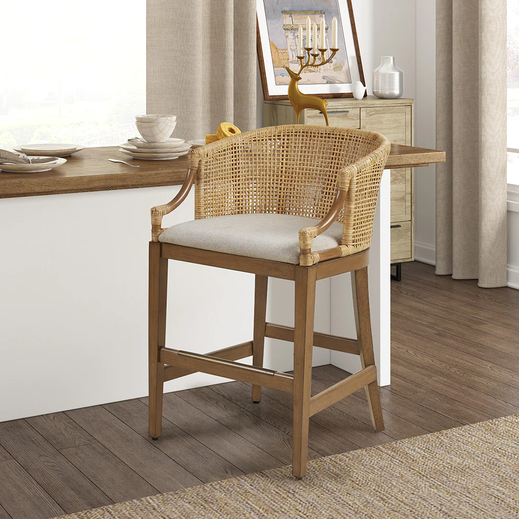 Broadenx 25" Counter Stool with Rattan Rounded Back and Recessed Arms - Image 2