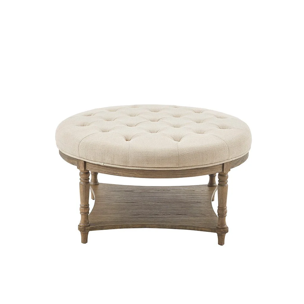 Button Tufted Round Ottoman with Turned Legs - Image 2
