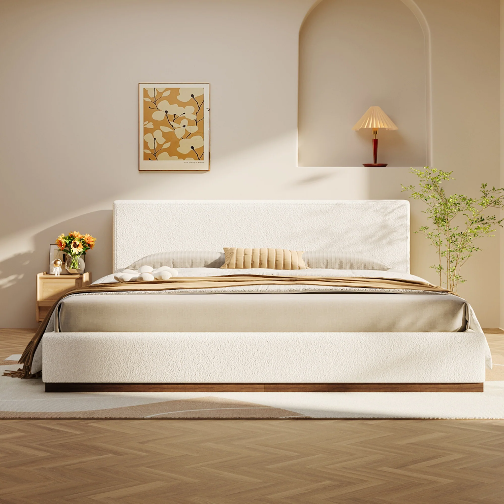 Elegant White Fabric Upholstered Bed With Nice Wood Grain Textured Solid Wood Base Frame - Image 11