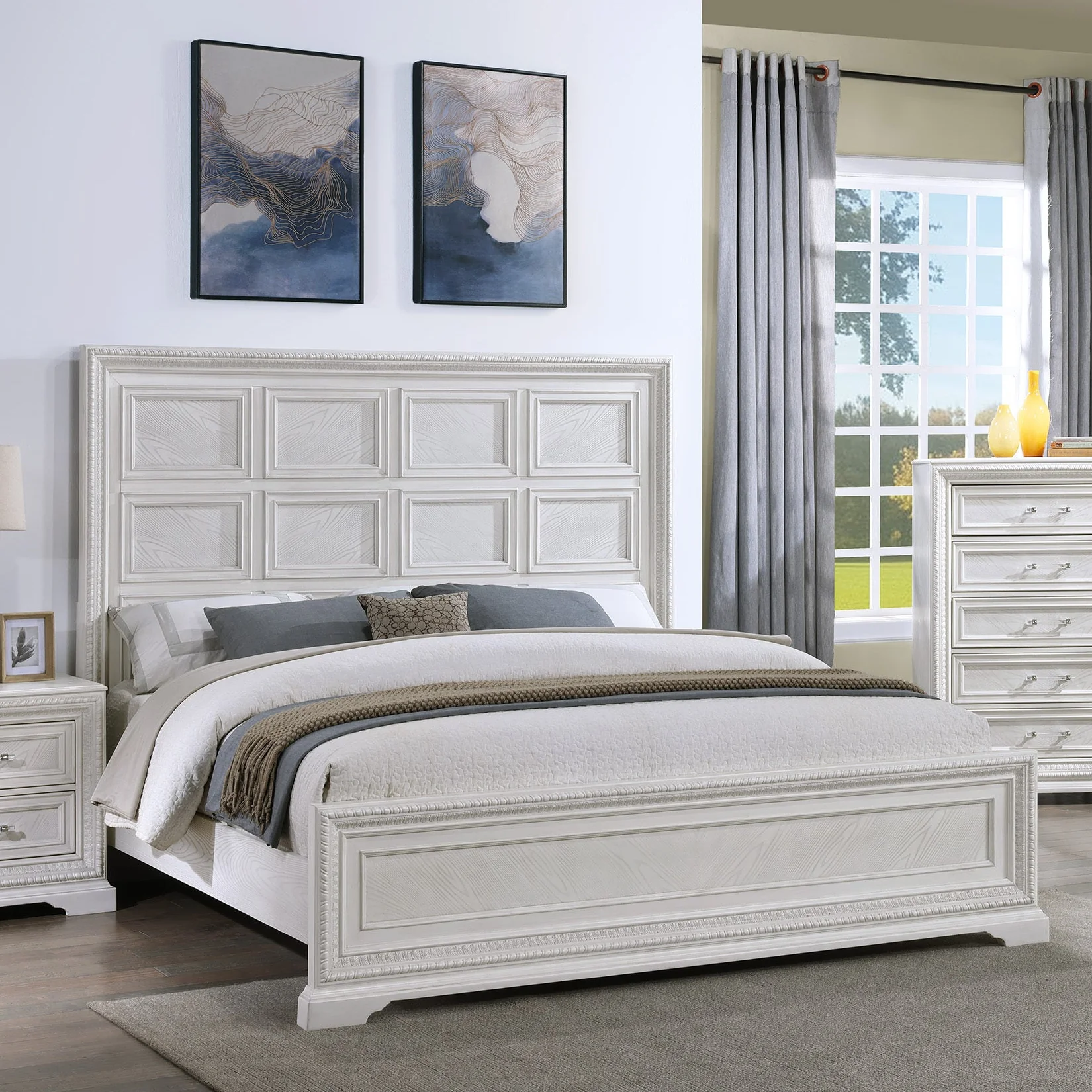 Kelsea Antique White Grid Panel Wooden Bed - Image 2