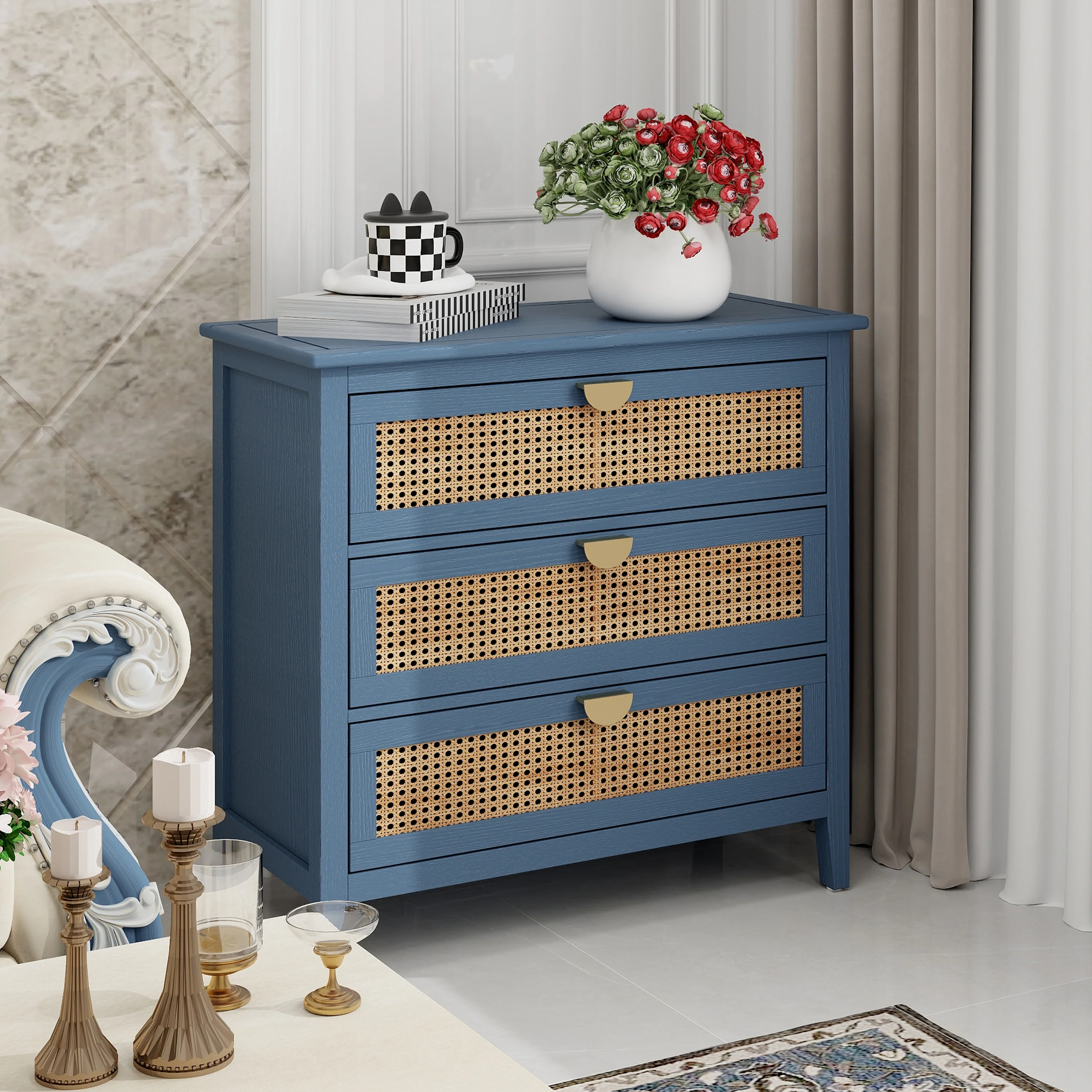 Cabinet with 3 Rattan Drawers and Metal Handle - Image 7