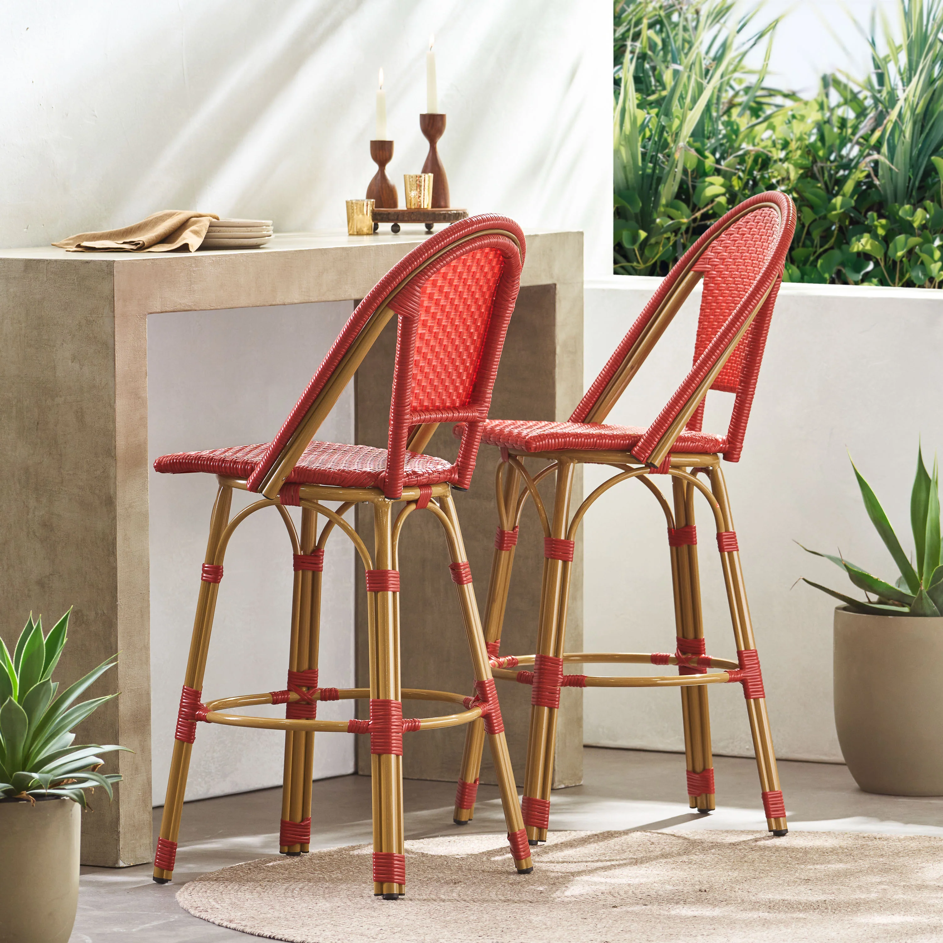 Callisto 29.5" Outdoor Rattan and Aluminum Bar Stool with Curved Back and Footrest - Image 27