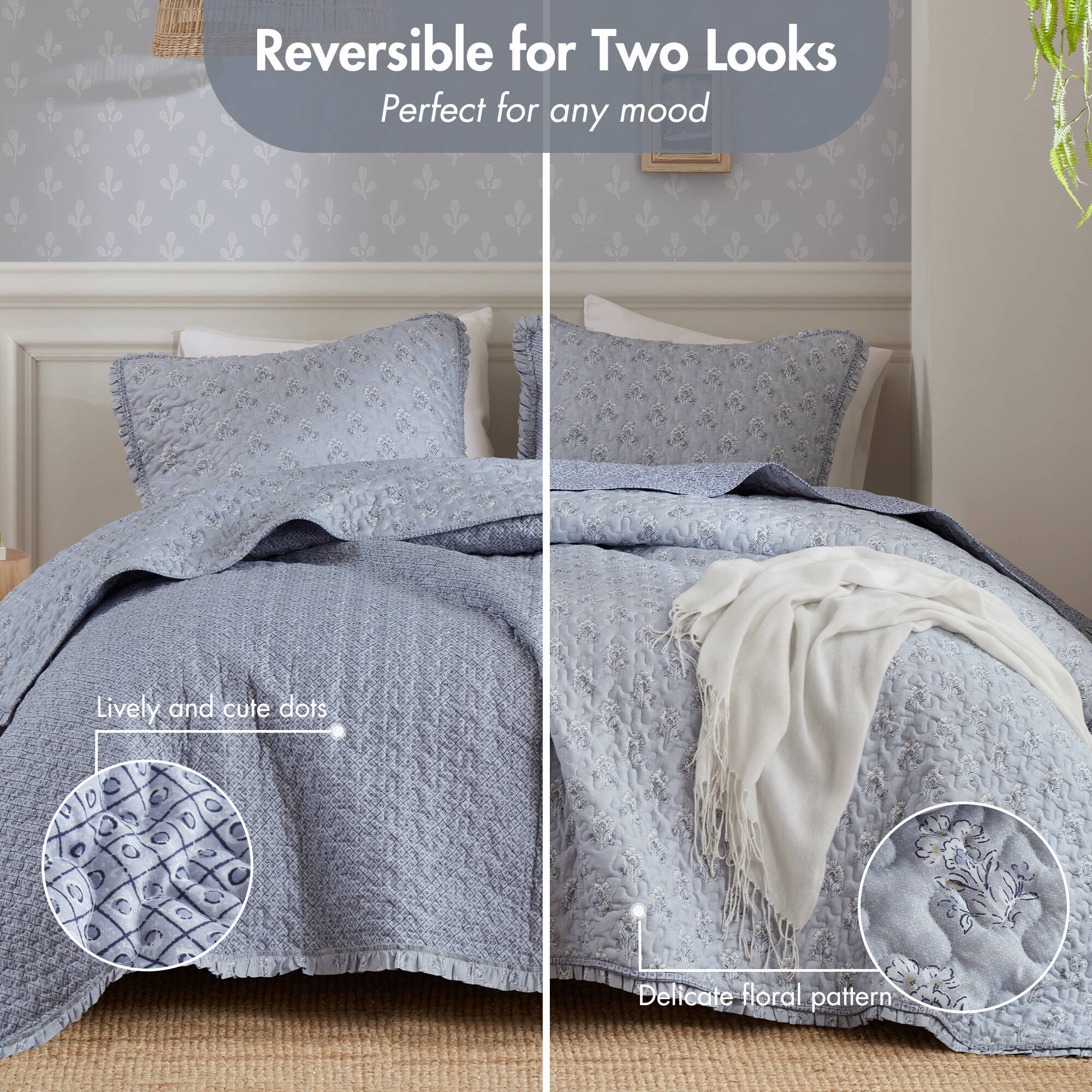 3 Piece Soft Blue Ruffle Printed Quilt Set - Image 10
