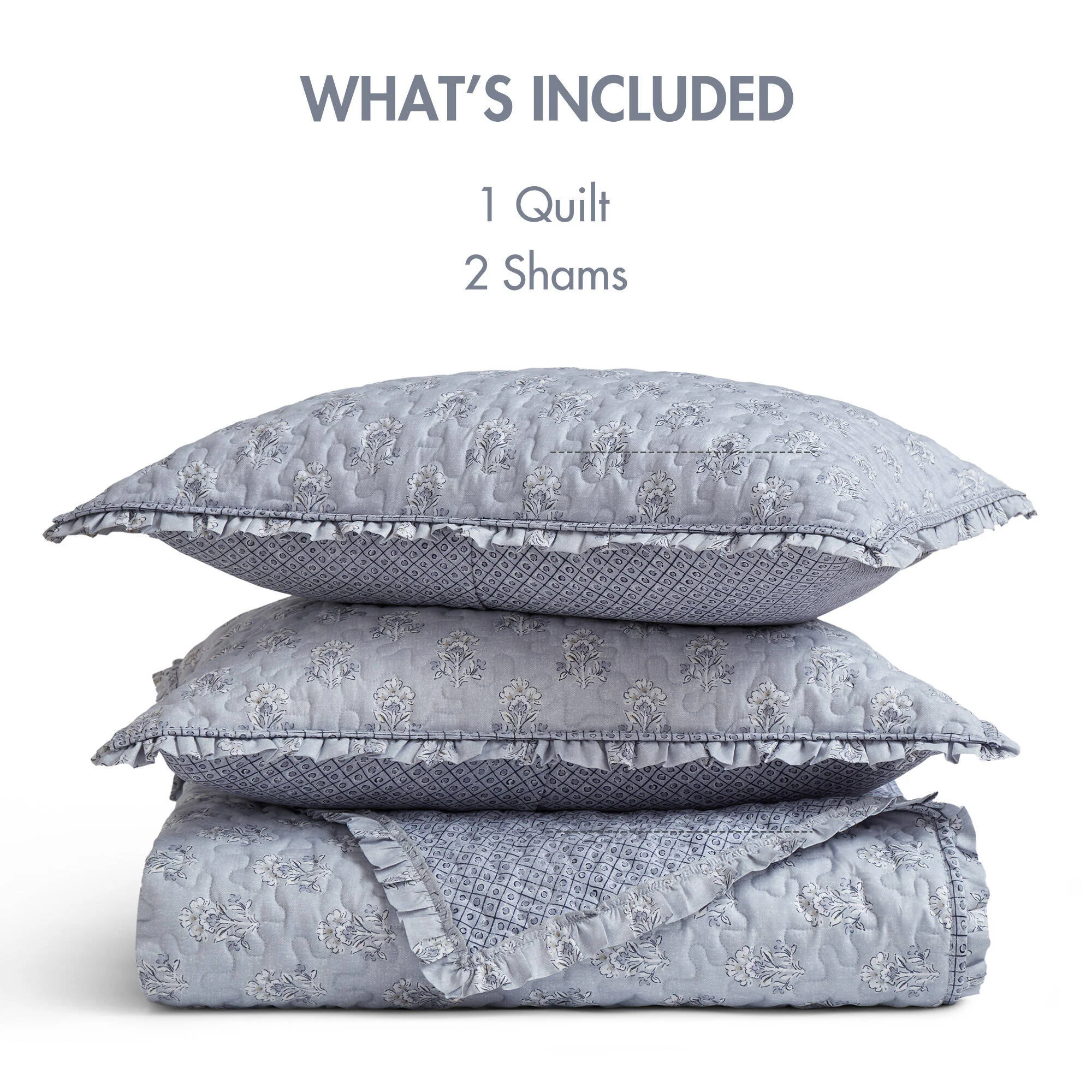 3 Piece Soft Blue Ruffle Printed Quilt Set - Image 12