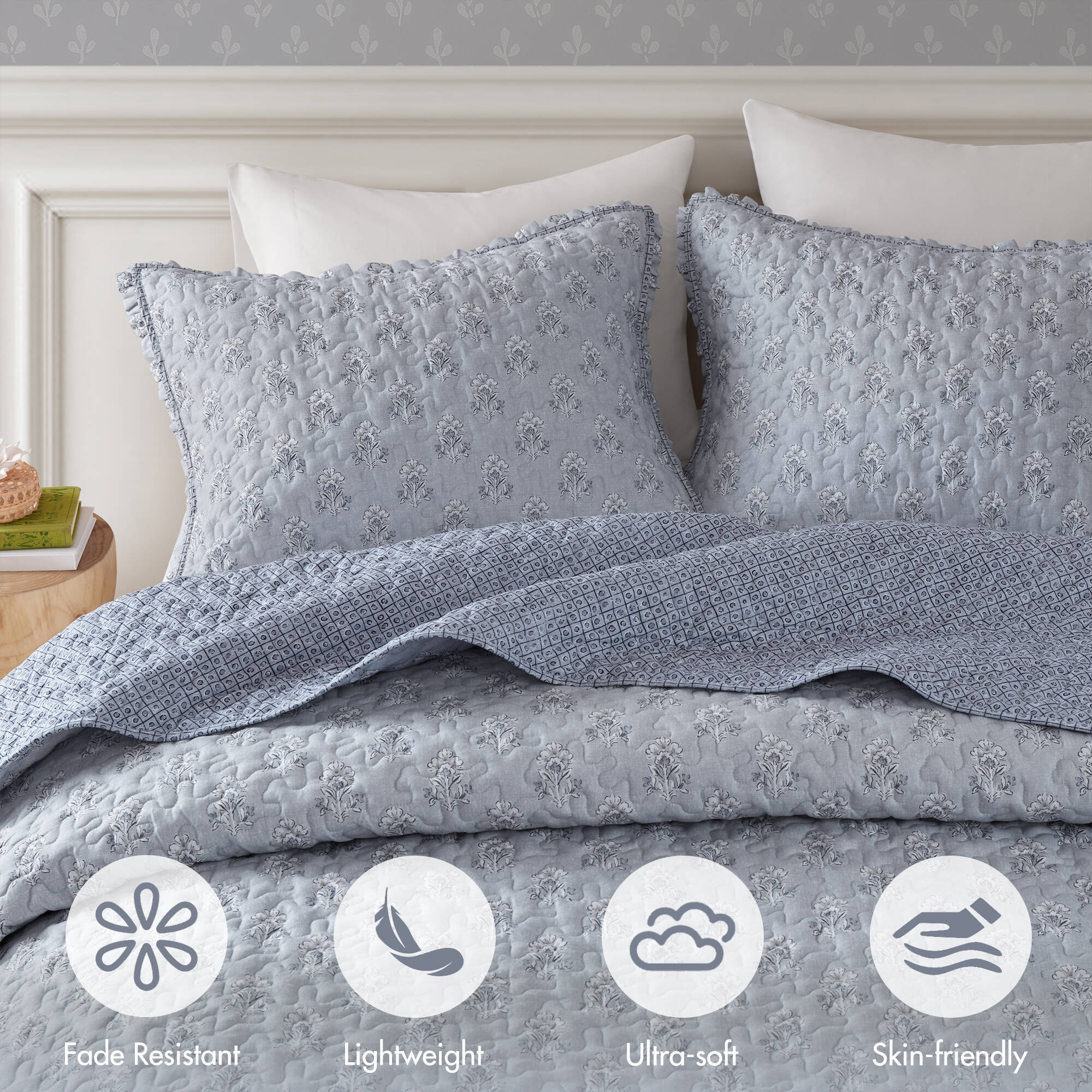 3 Piece Soft Blue Ruffle Printed Quilt Set - Image 13