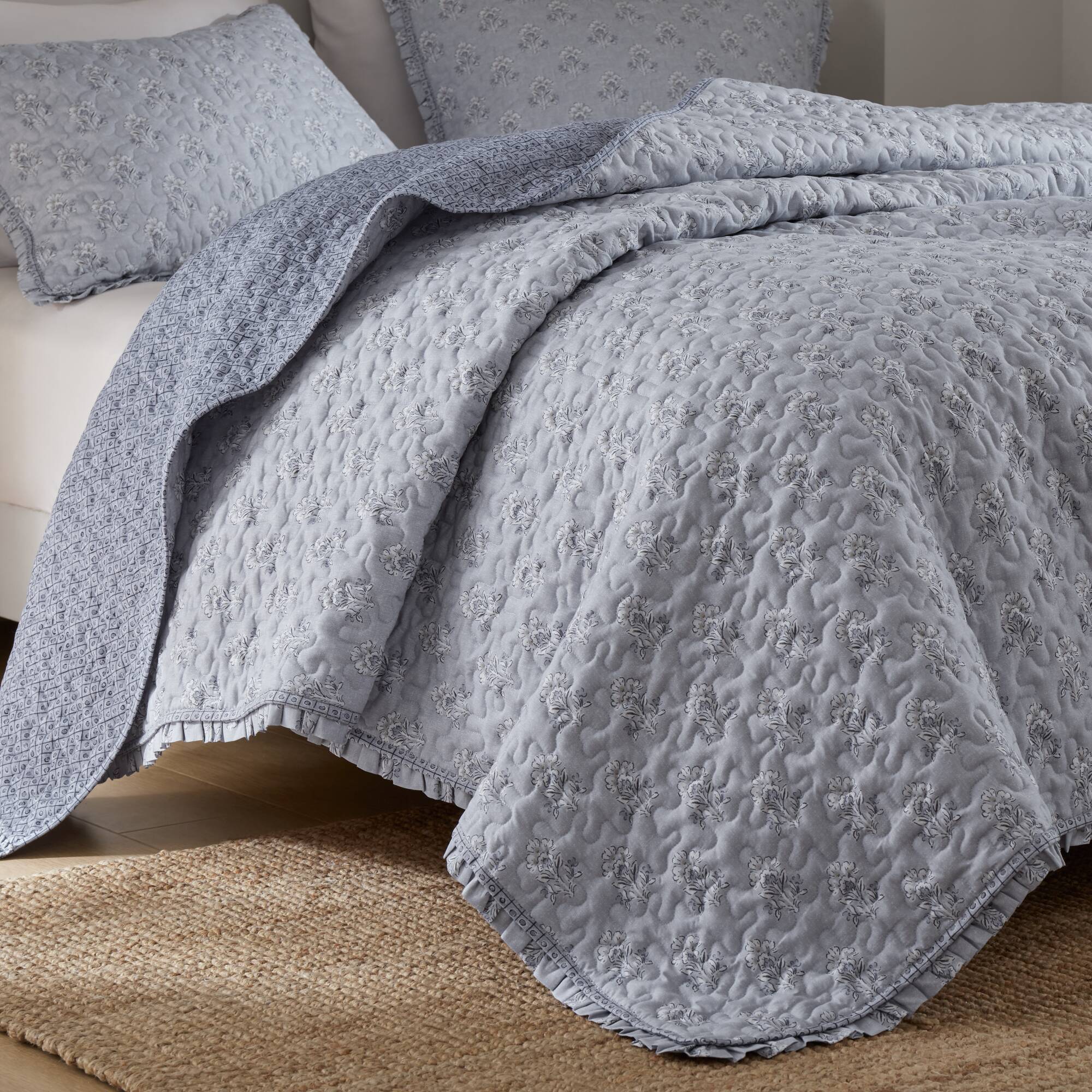 3 Piece Soft Blue Ruffle Printed Quilt Set - Image 14