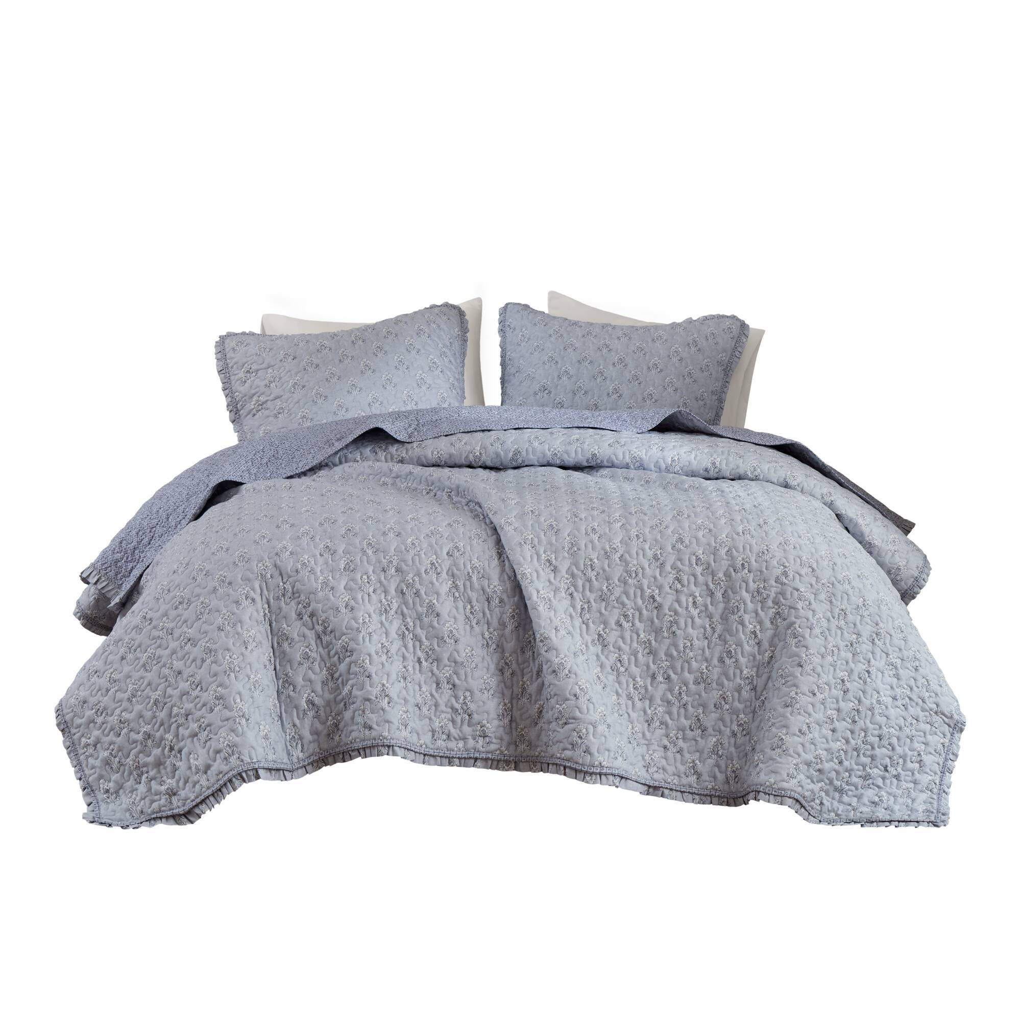 3 Piece Soft Blue Ruffle Printed Quilt Set - Image 17