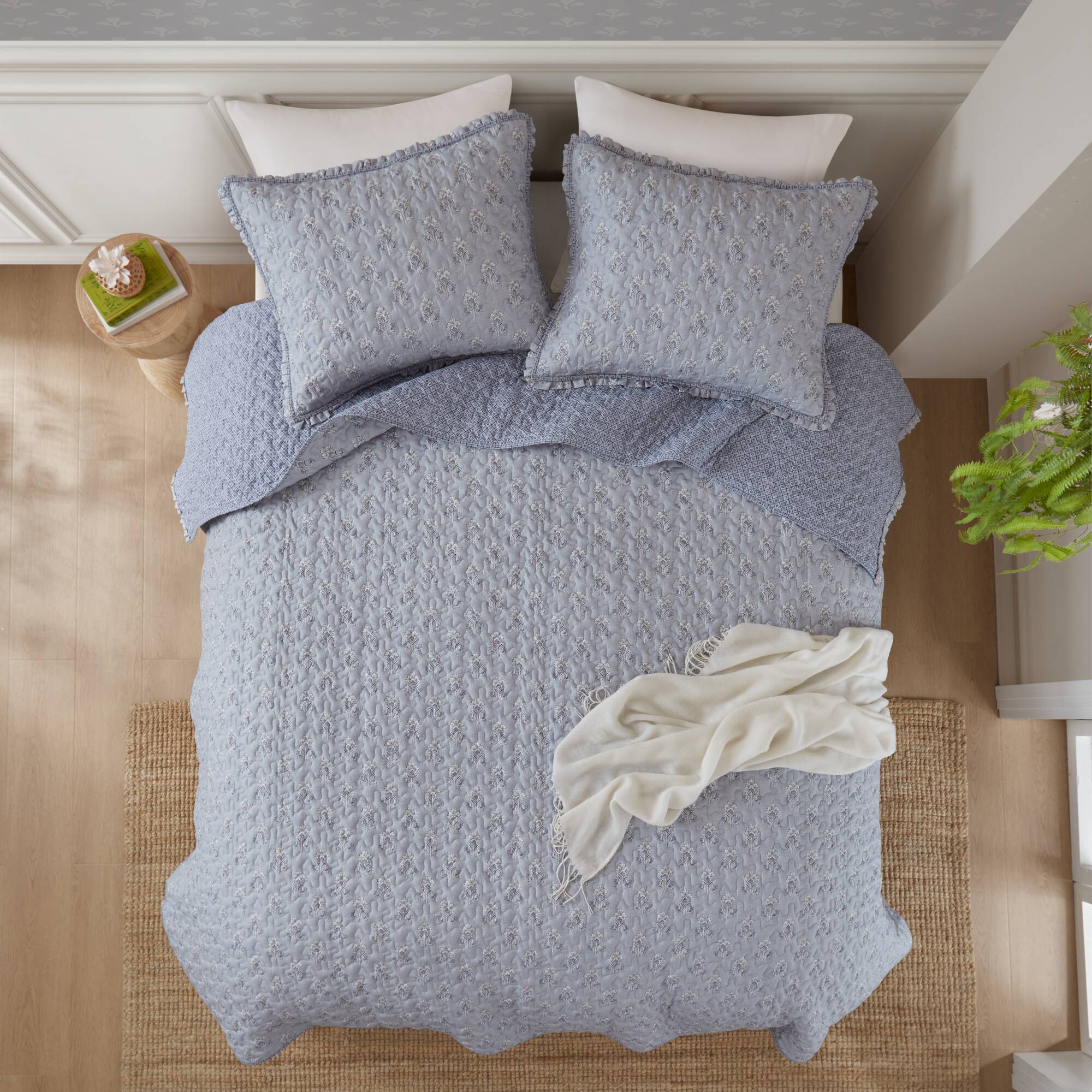 3 Piece Soft Blue Ruffle Printed Quilt Set - Image 18