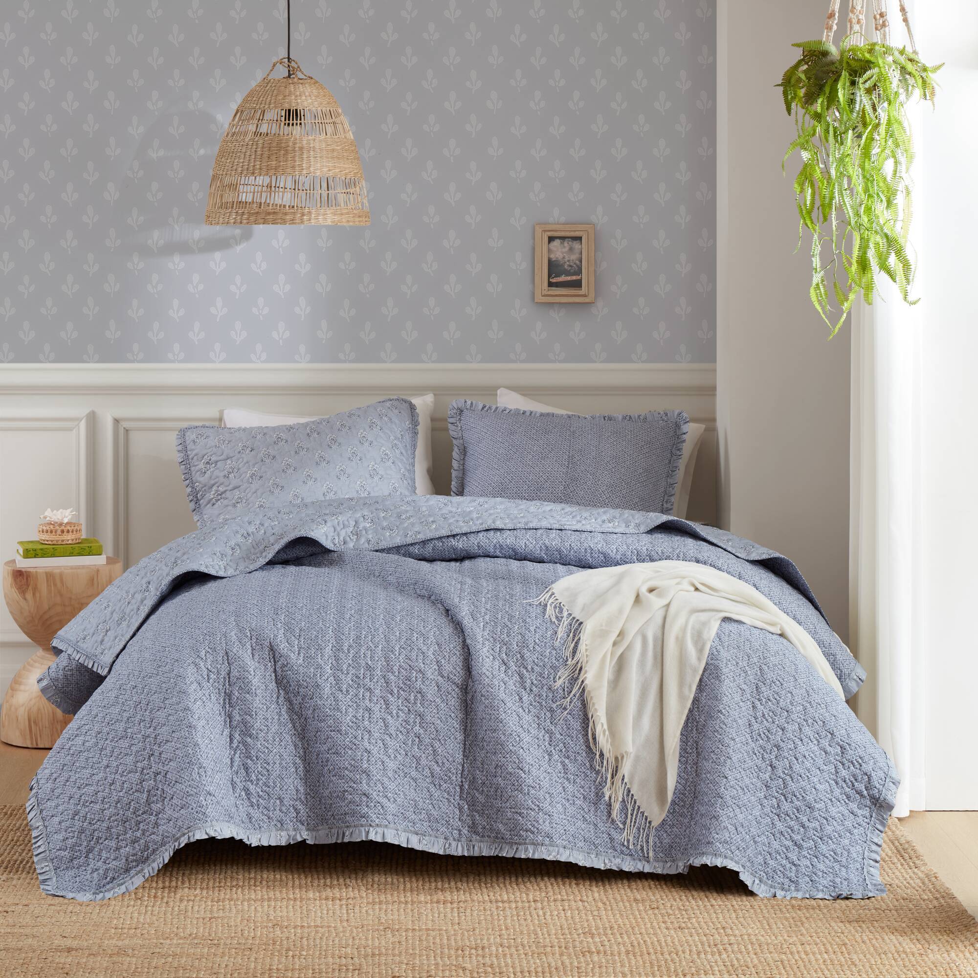 3 Piece Soft Blue Ruffle Printed Quilt Set - Image 19