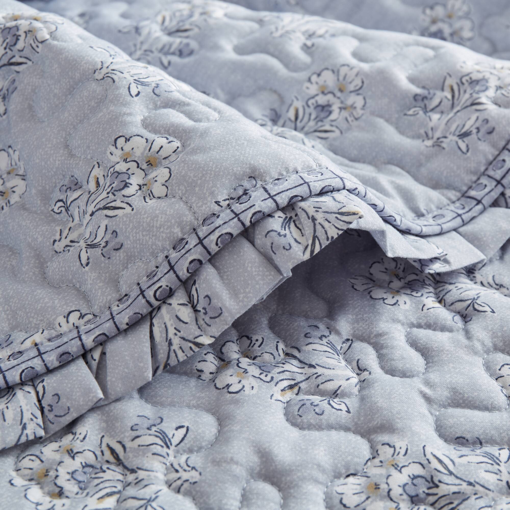 3 Piece Soft Blue Ruffle Printed Quilt Set - Image 2