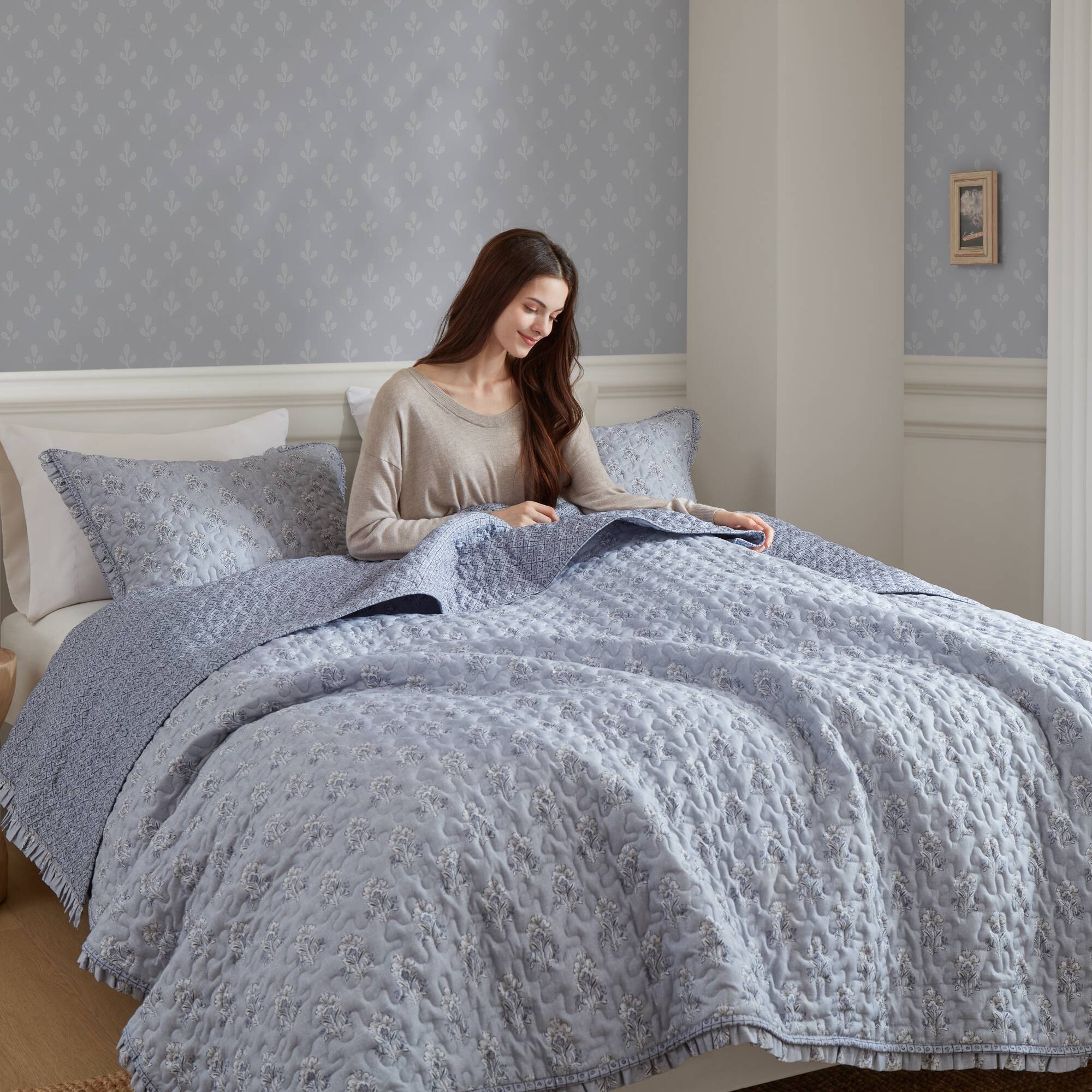 3 Piece Soft Blue Ruffle Printed Quilt Set - Image 20