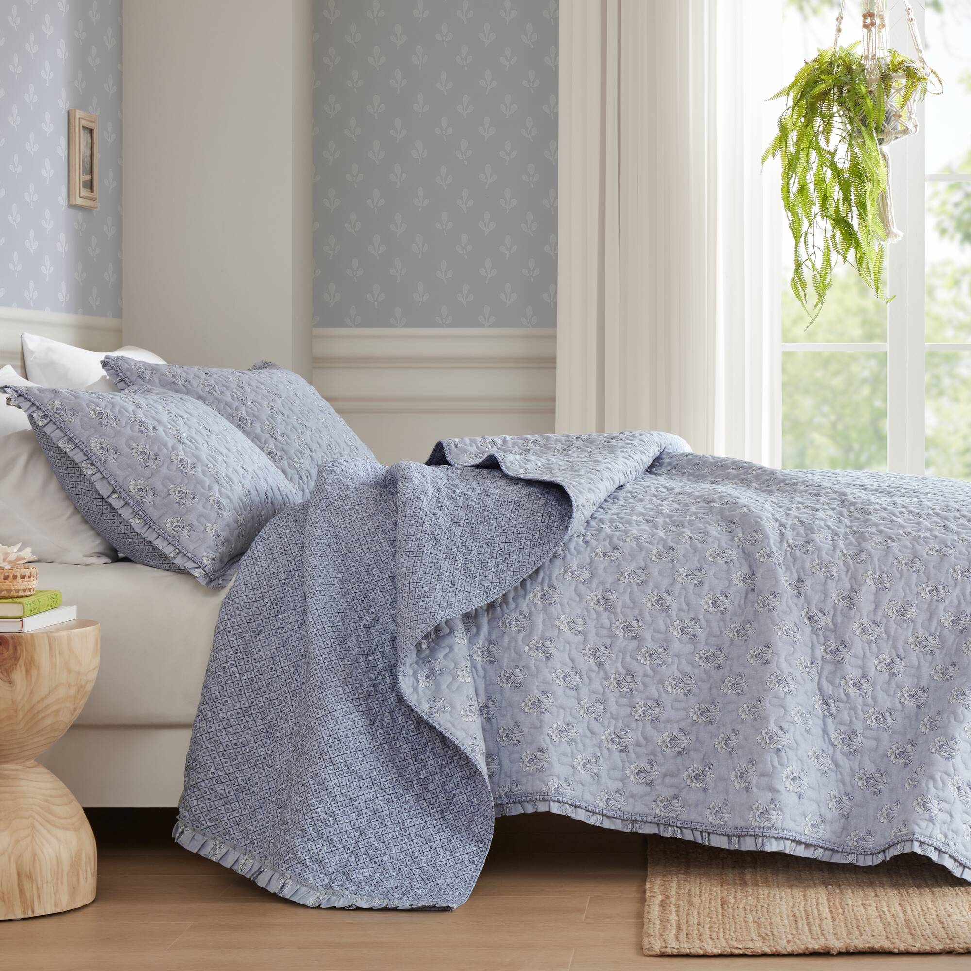 3 Piece Soft Blue Ruffle Printed Quilt Set - Image 3