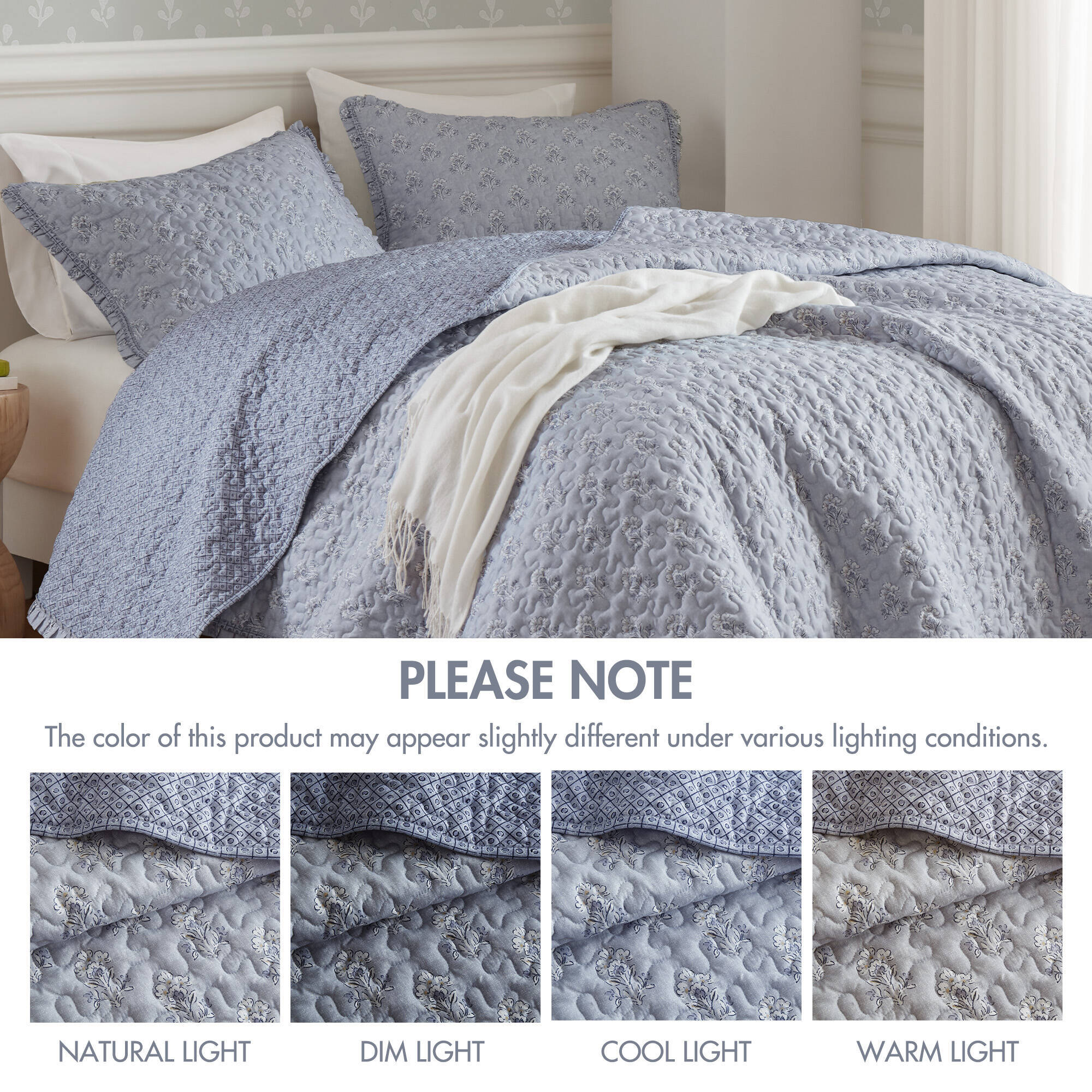 3 Piece Soft Blue Ruffle Printed Quilt Set - Image 4
