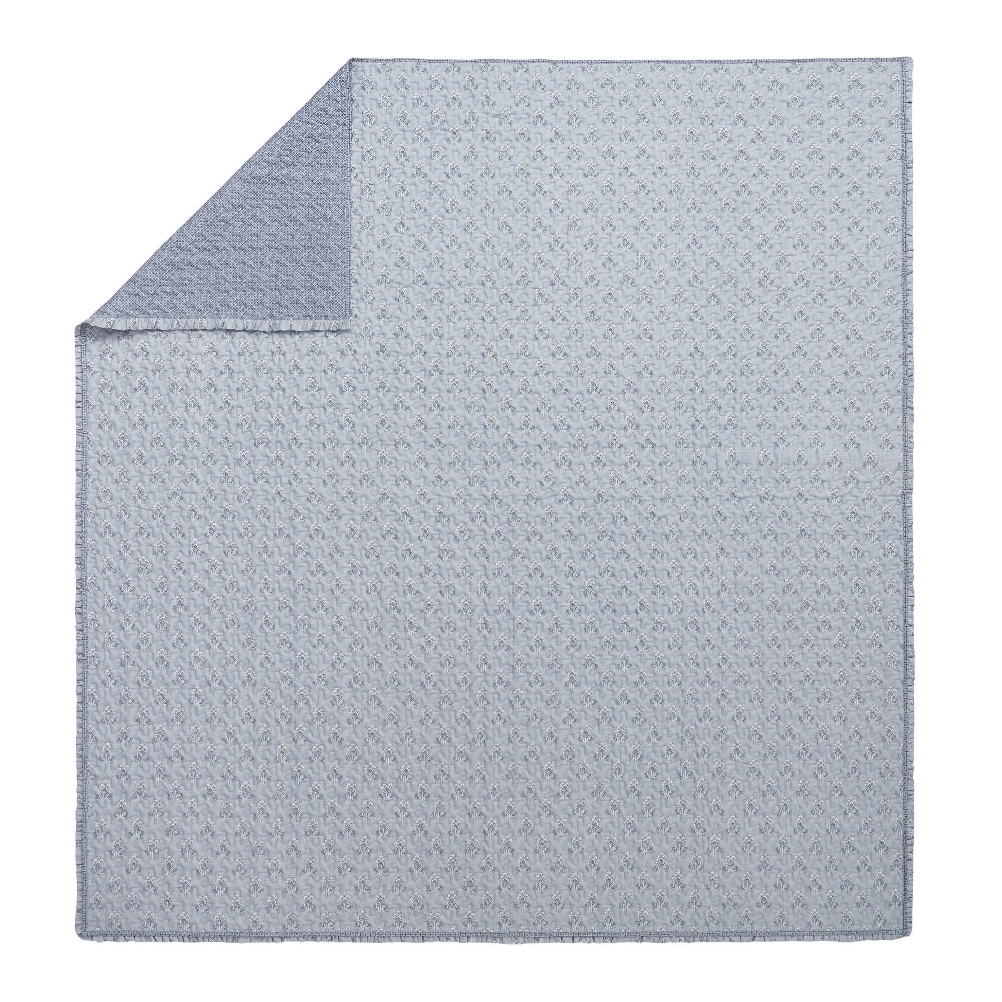 3 Piece Soft Blue Ruffle Printed Quilt Set - Image 5