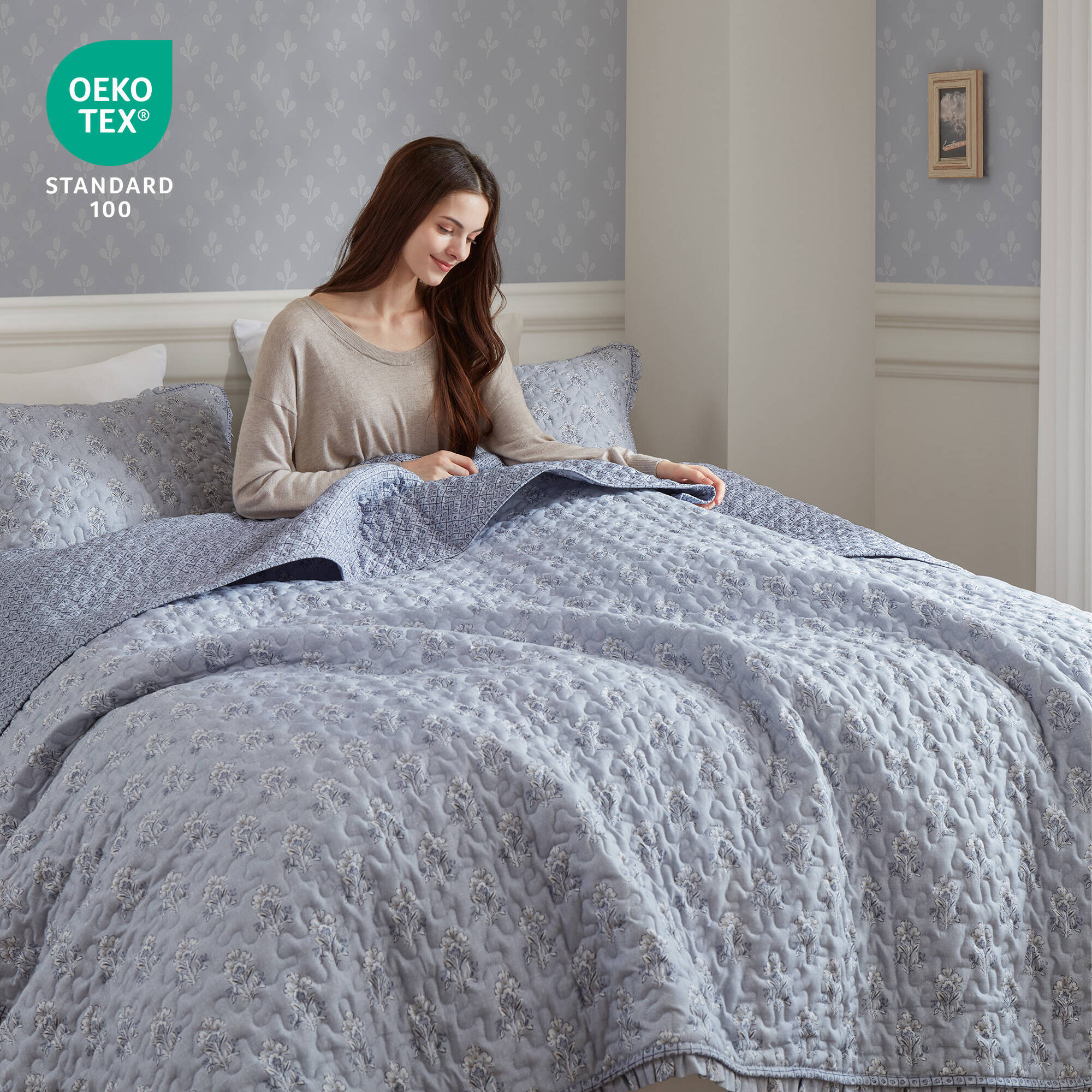3 Piece Soft Blue Ruffle Printed Quilt Set - Image 6