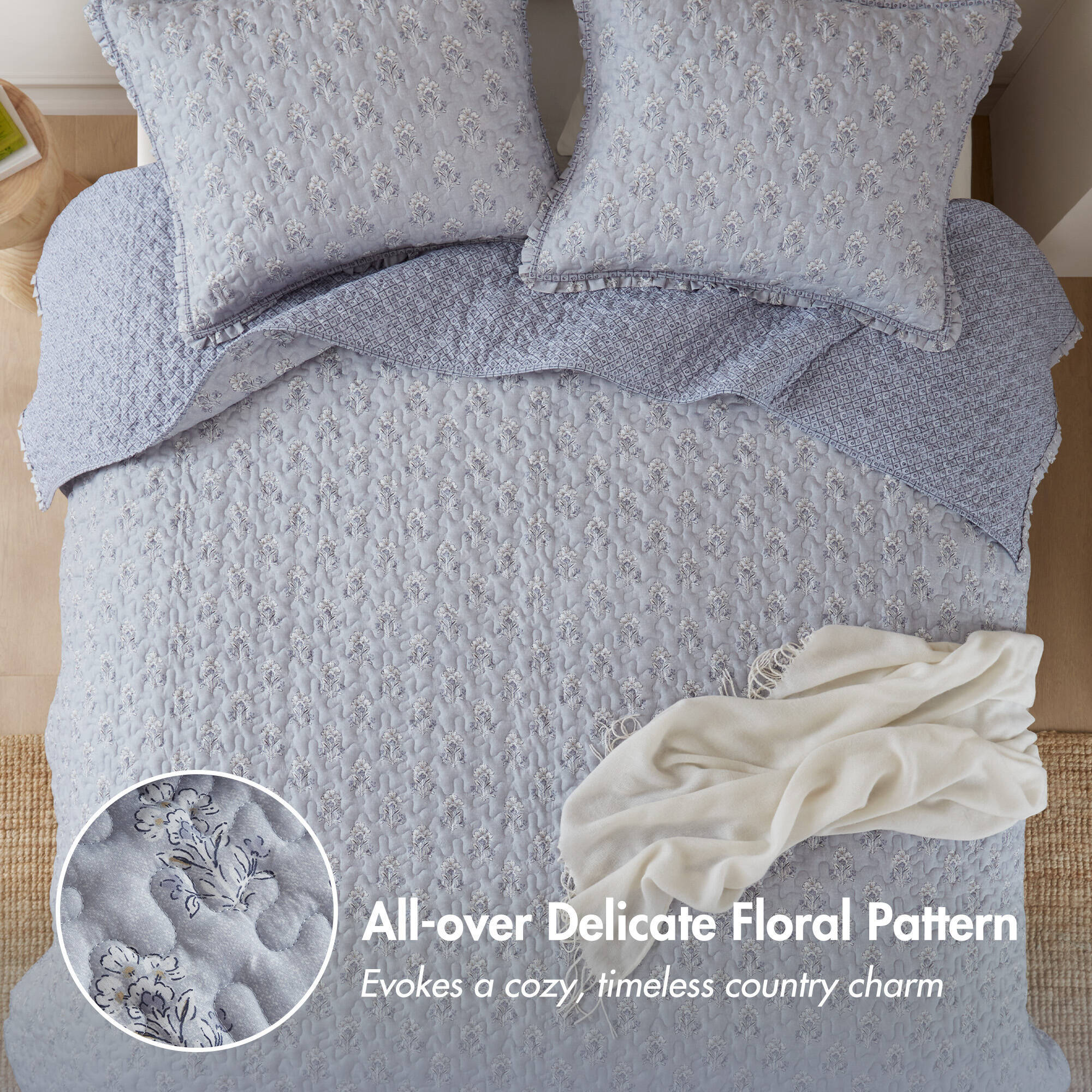 3 Piece Soft Blue Ruffle Printed Quilt Set - Image 7
