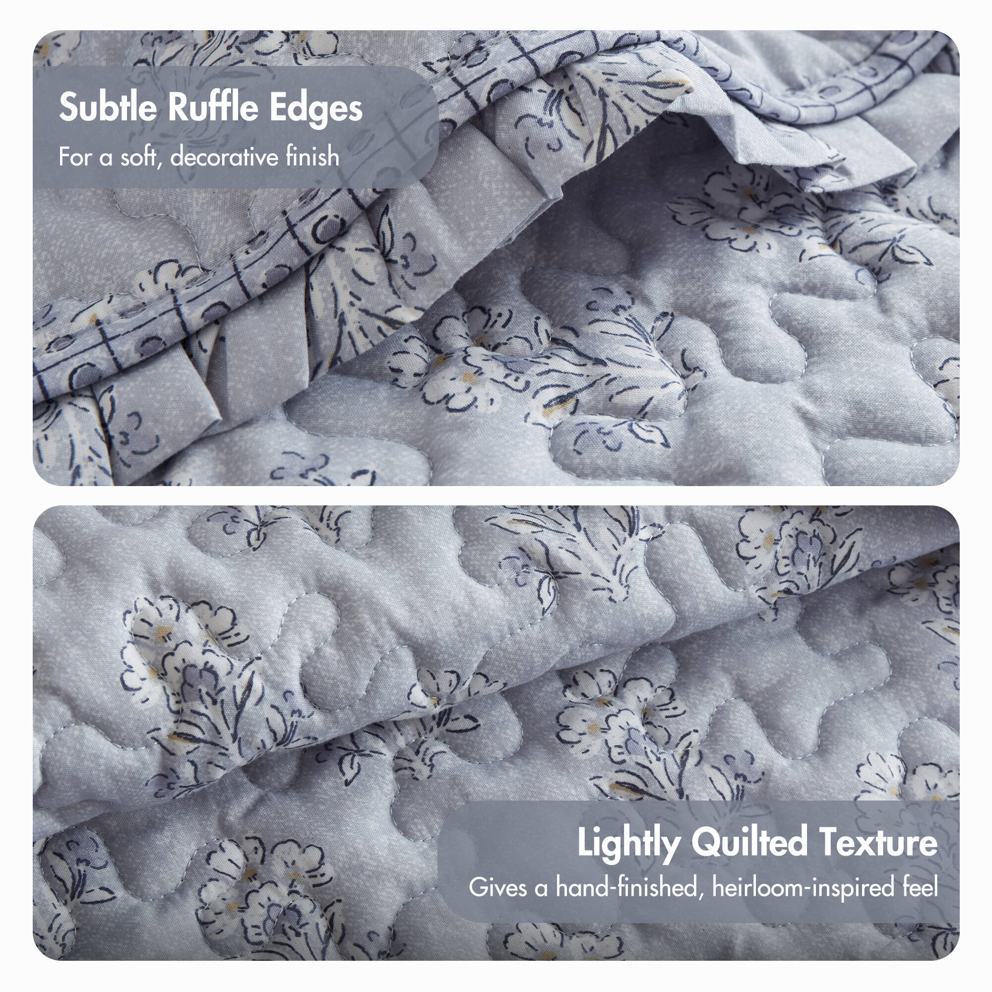 3 Piece Soft Blue Ruffle Printed Quilt Set - Image 8
