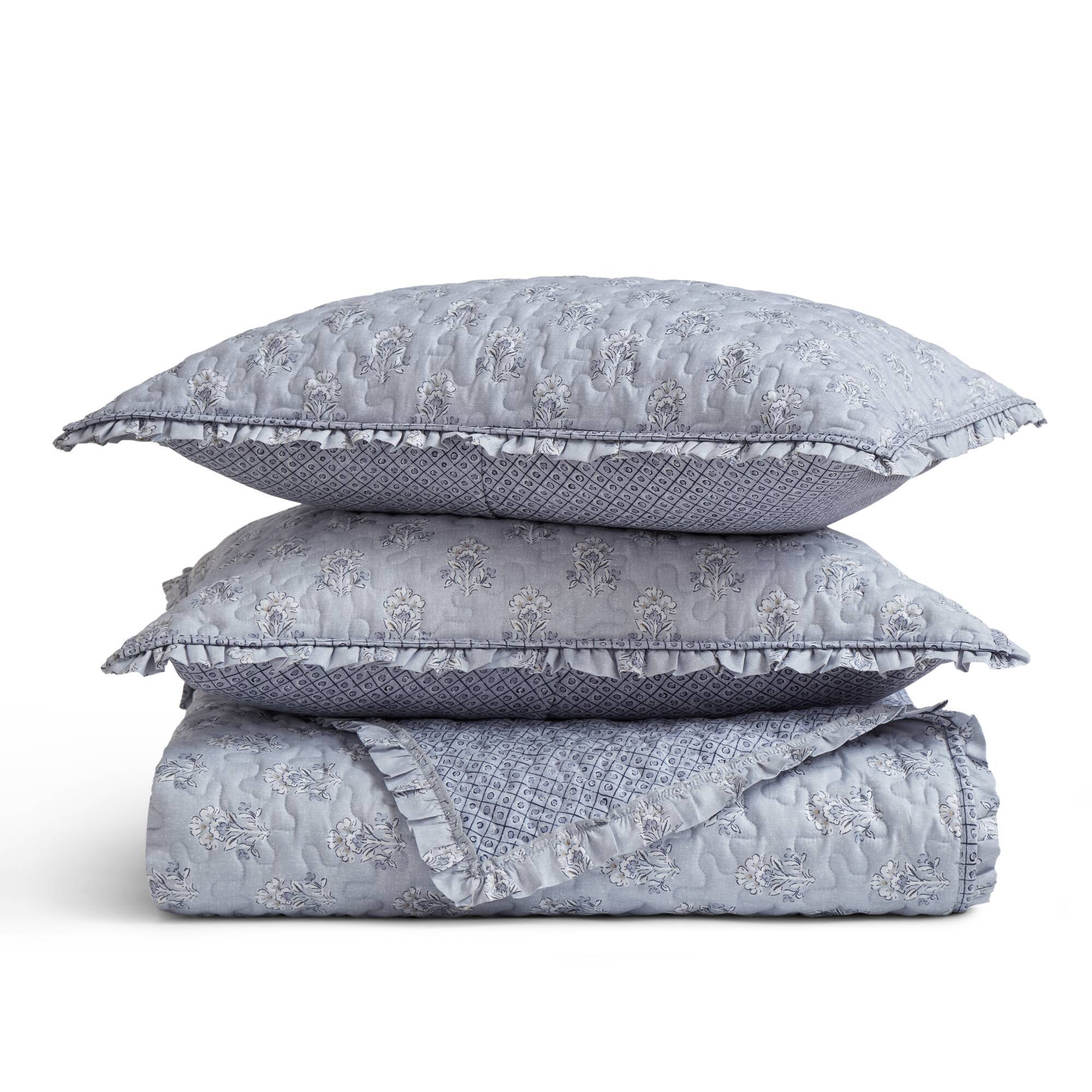 3 Piece Soft Blue Ruffle Printed Quilt Set - Image 9