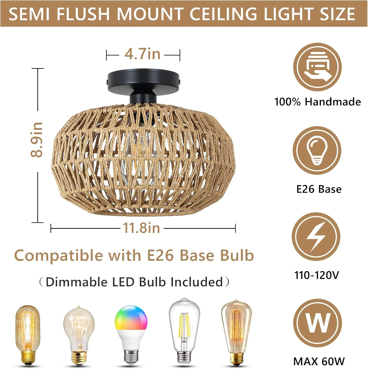 Ceiling Light Fixture with Dimmable LED and Hand-Woven Paper Rattan Cage - Image 8