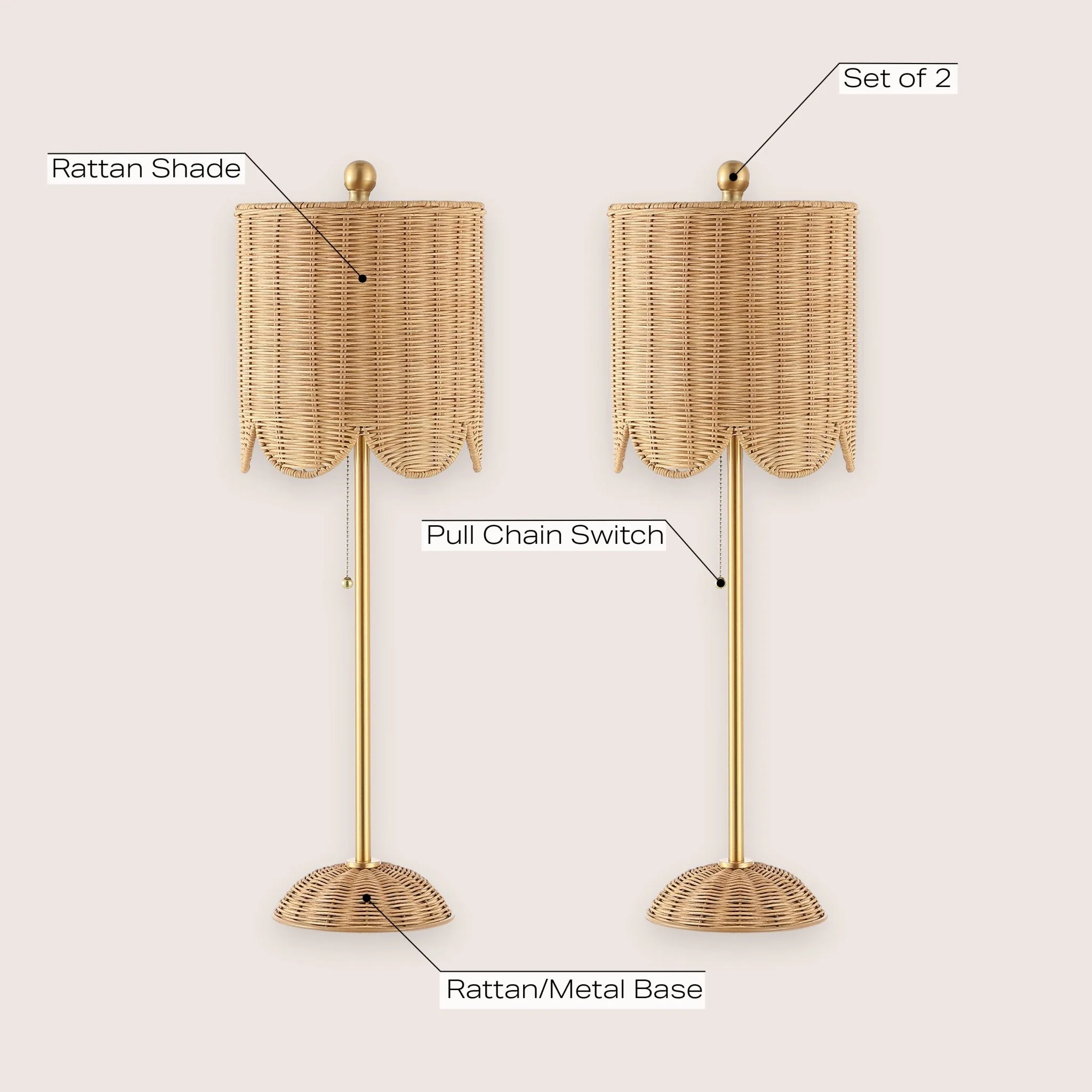 Celerie Coastal Bohemian Rattan/Iron Scalloped Buffet LED Table Lamp with Pull Chain, Set of 2 - Image 20