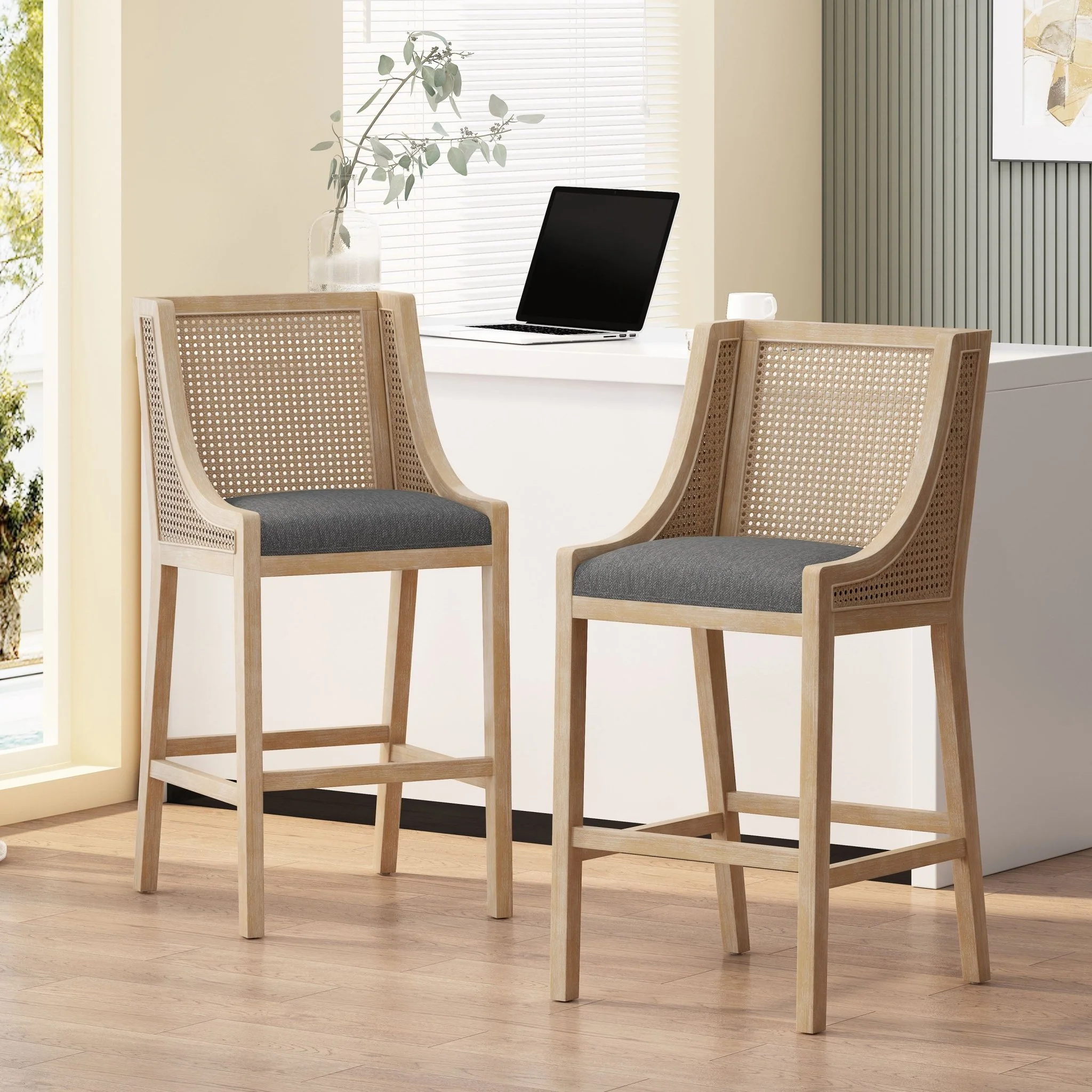 Celestiality Upholstered Barstool with Cane Webbing Backrest, Set of 2 - Image 16