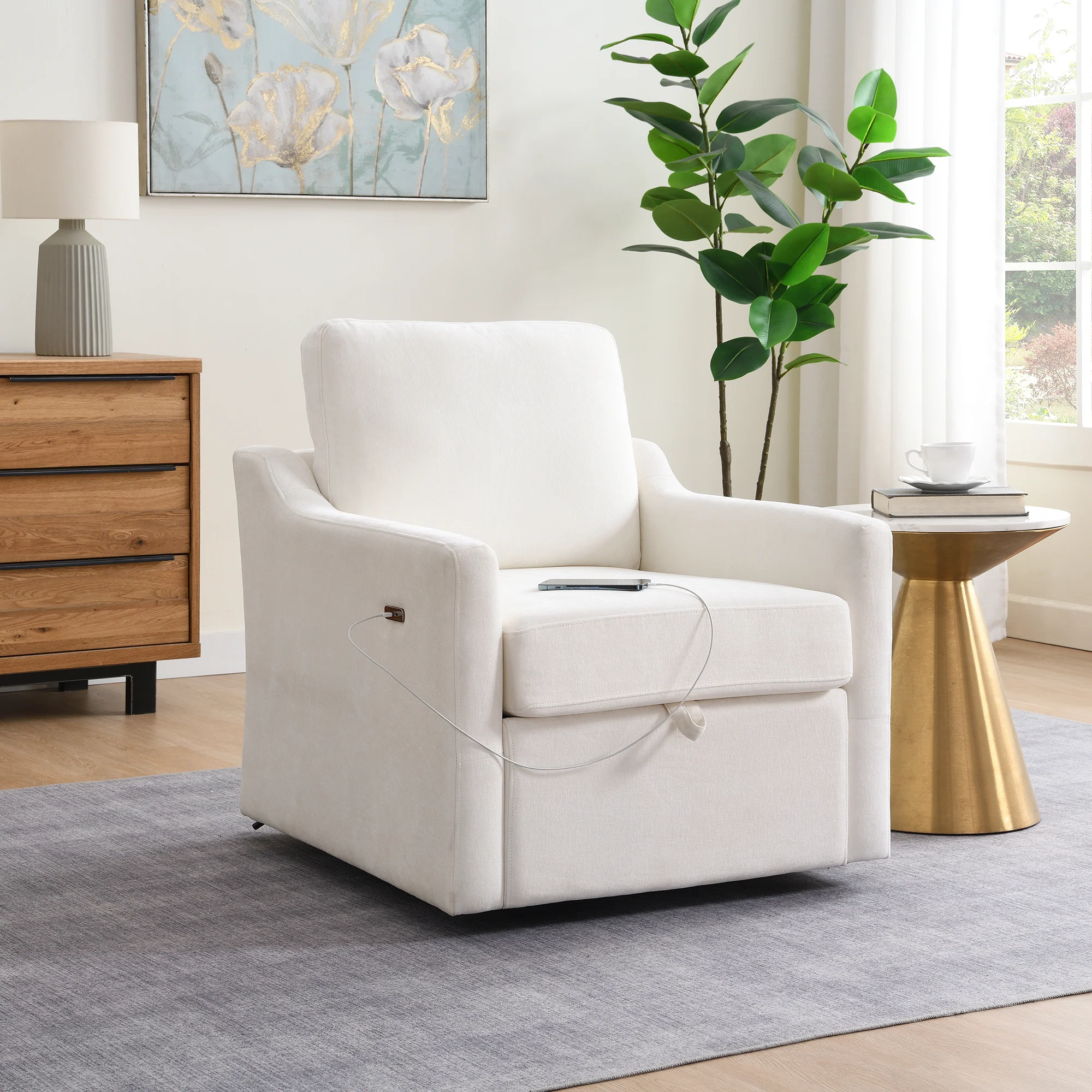 Chenille Swivel Arm Accent Chair With Charging Port and Pocket - Image 23