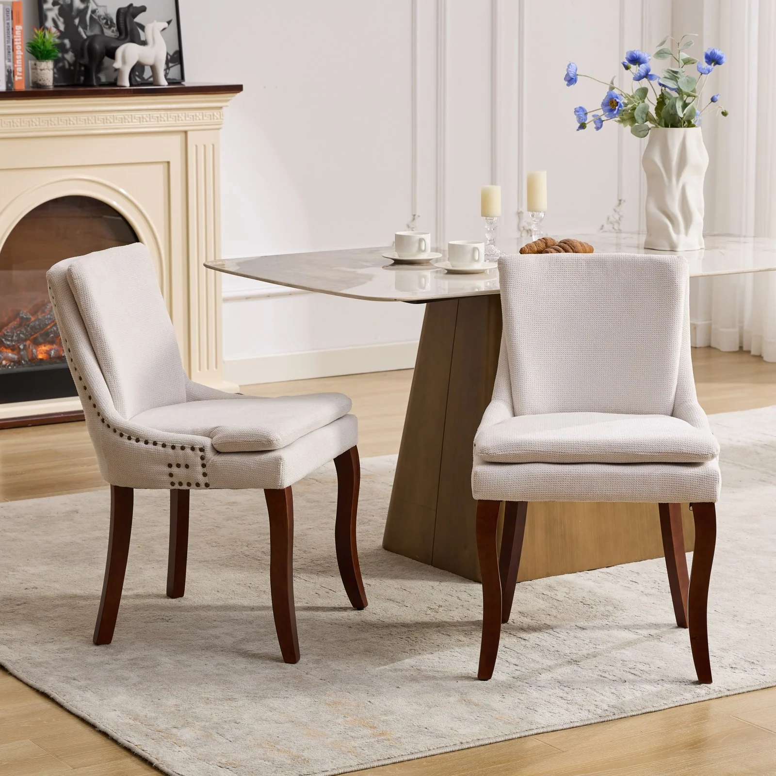 ChenilleUpholstered Dining Chairs with Curved Solid Wood Legs, Set of 2 - Image 90