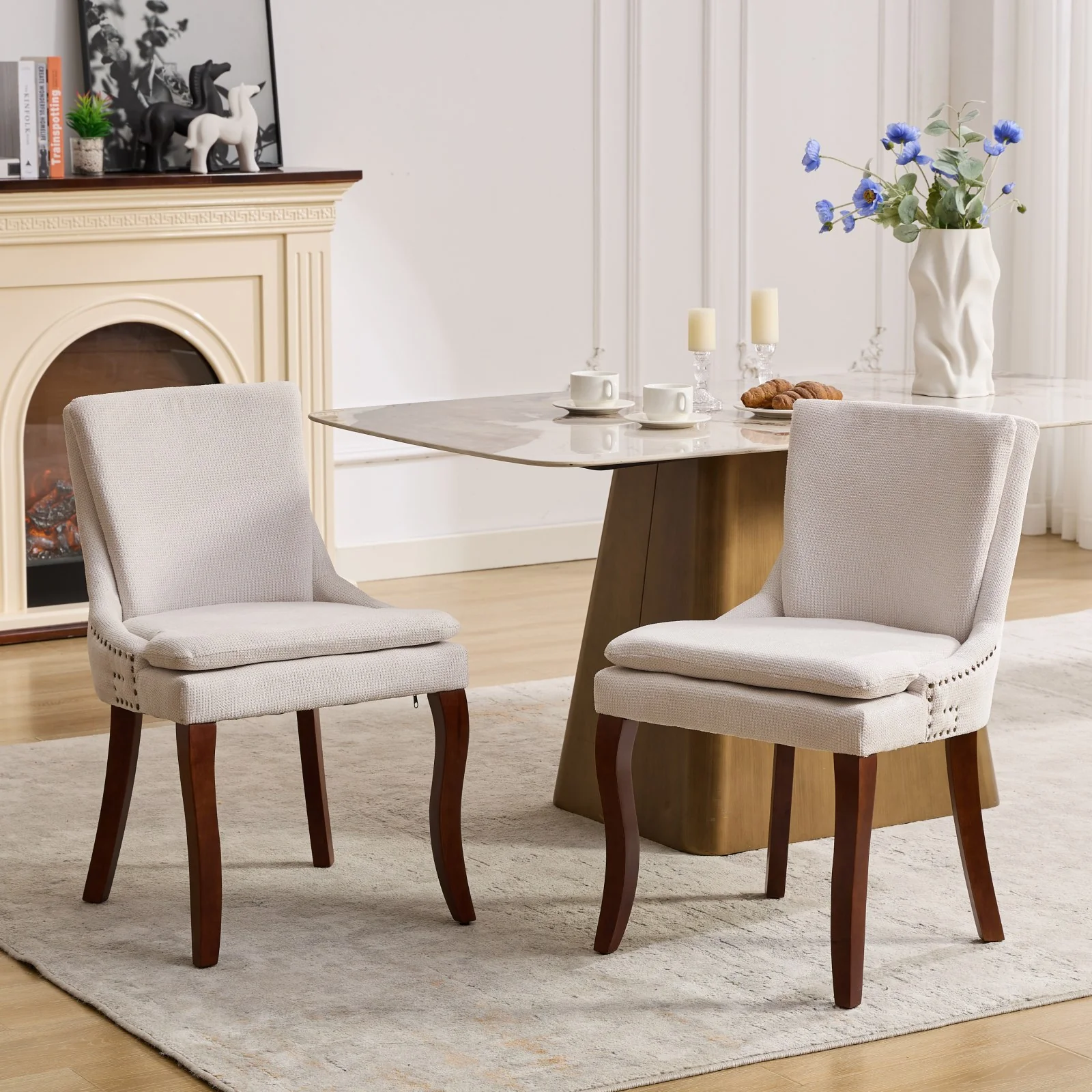 ChenilleUpholstered Dining Chairs with Curved Solid Wood Legs, Set of 2 - Image 92
