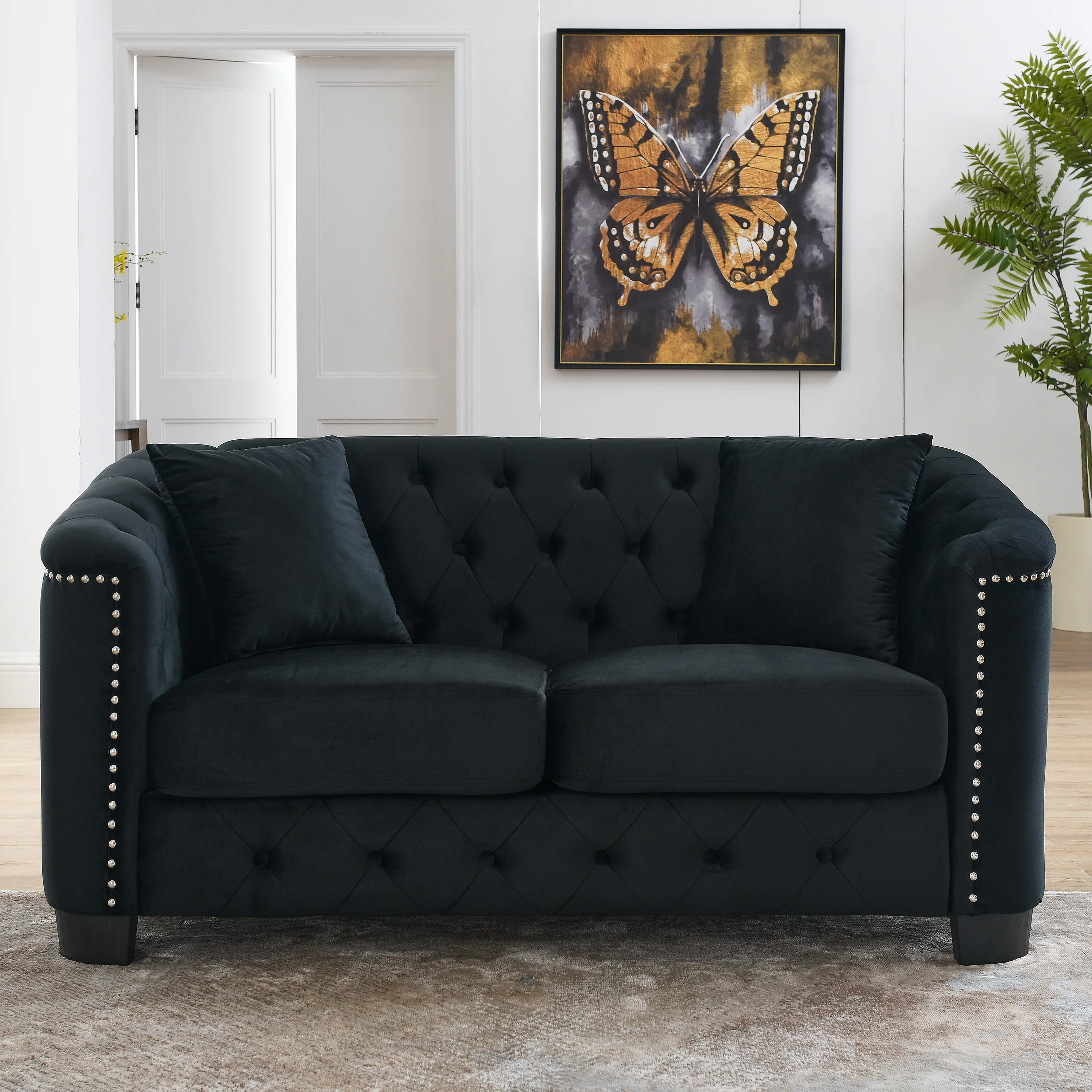 Chesterfield Modern Nailhead Tufted Velvet 2-Seater Sofa - Image 14