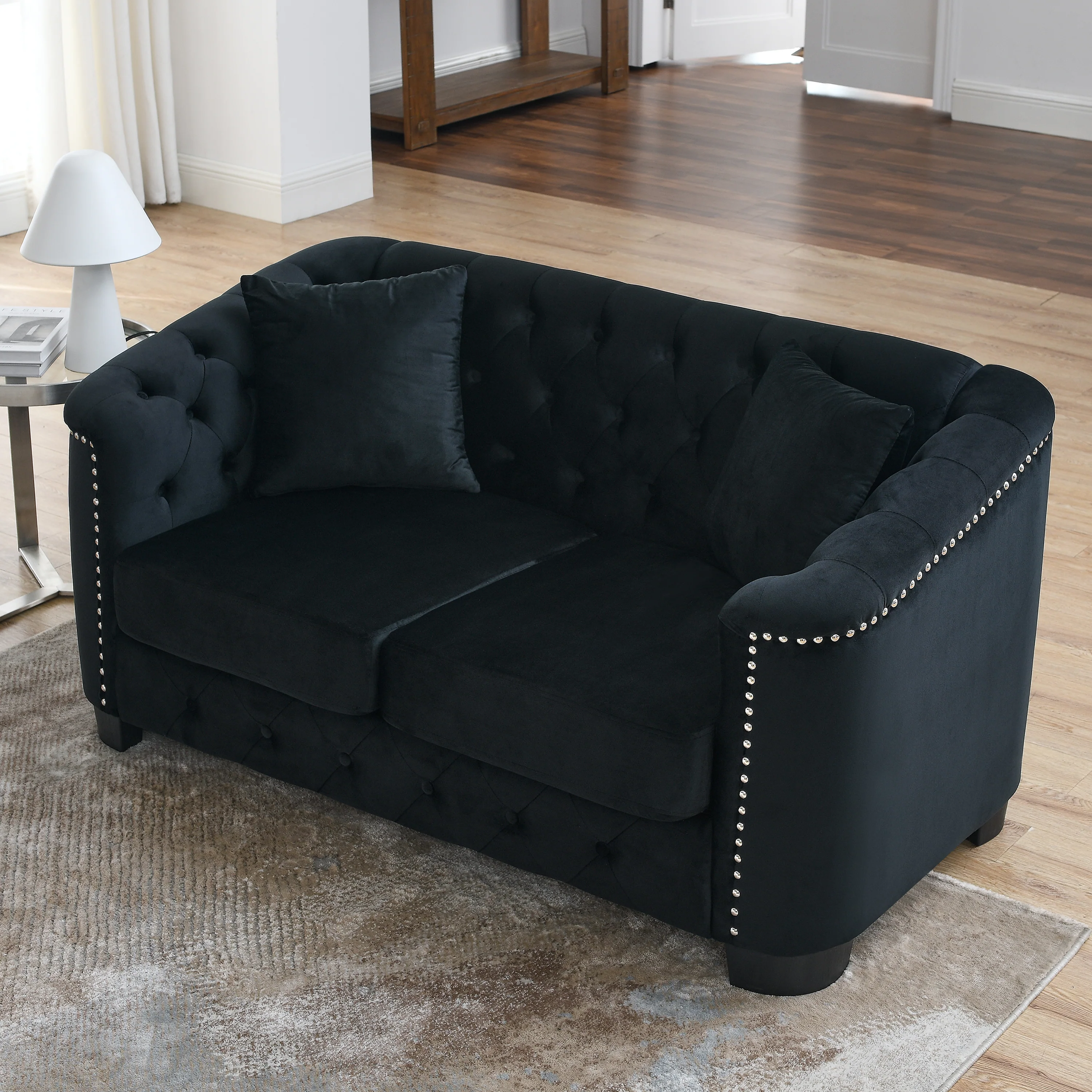 Chesterfield Modern Nailhead Tufted Velvet 2-Seater Sofa - Image 15