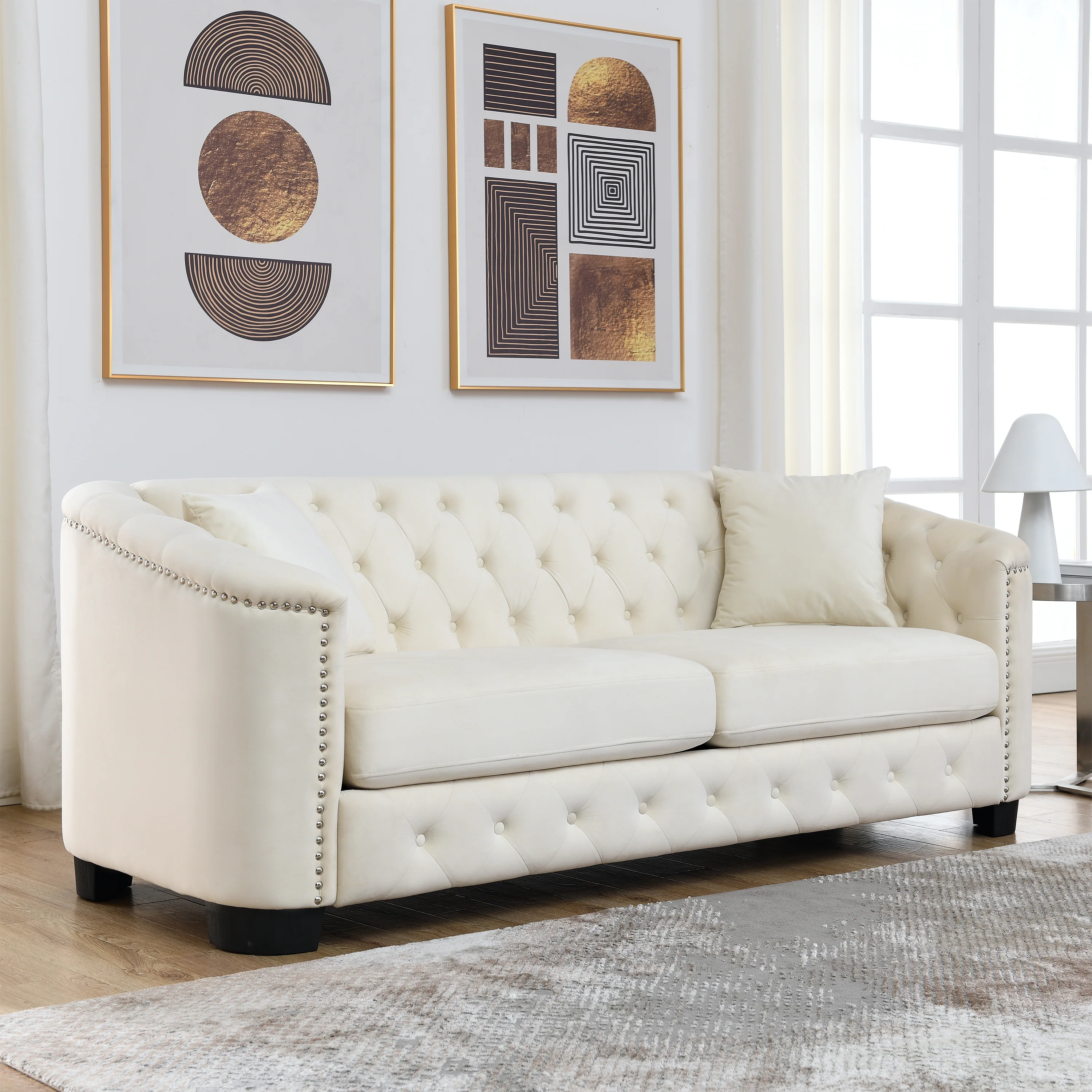 Chesterfield Modern Nailhead Tufted Velvet 3-Seater Sofa - Image 2