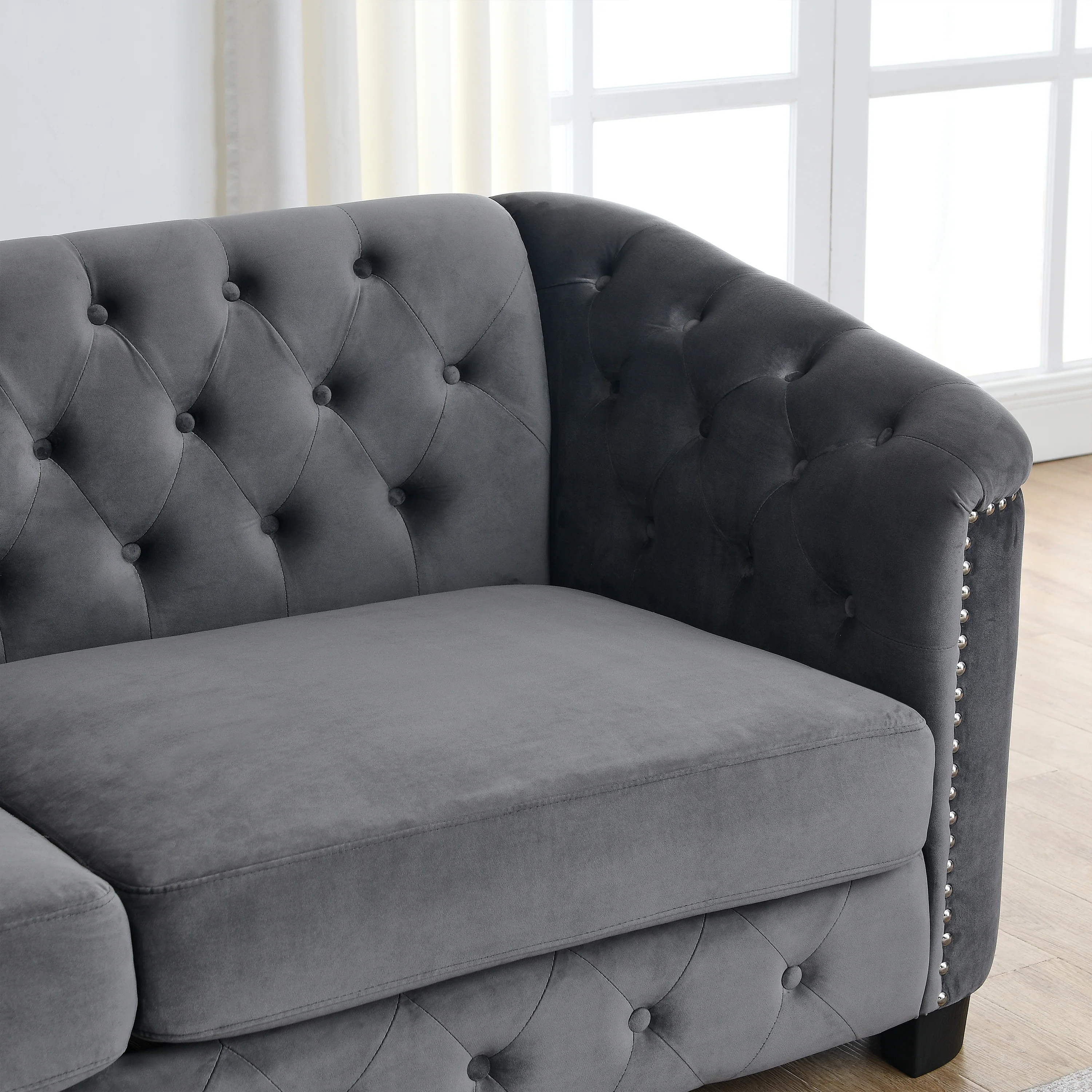 Chesterfield Modern Nailhead Tufted Velvet 3-Seater Sofa - Image 21
