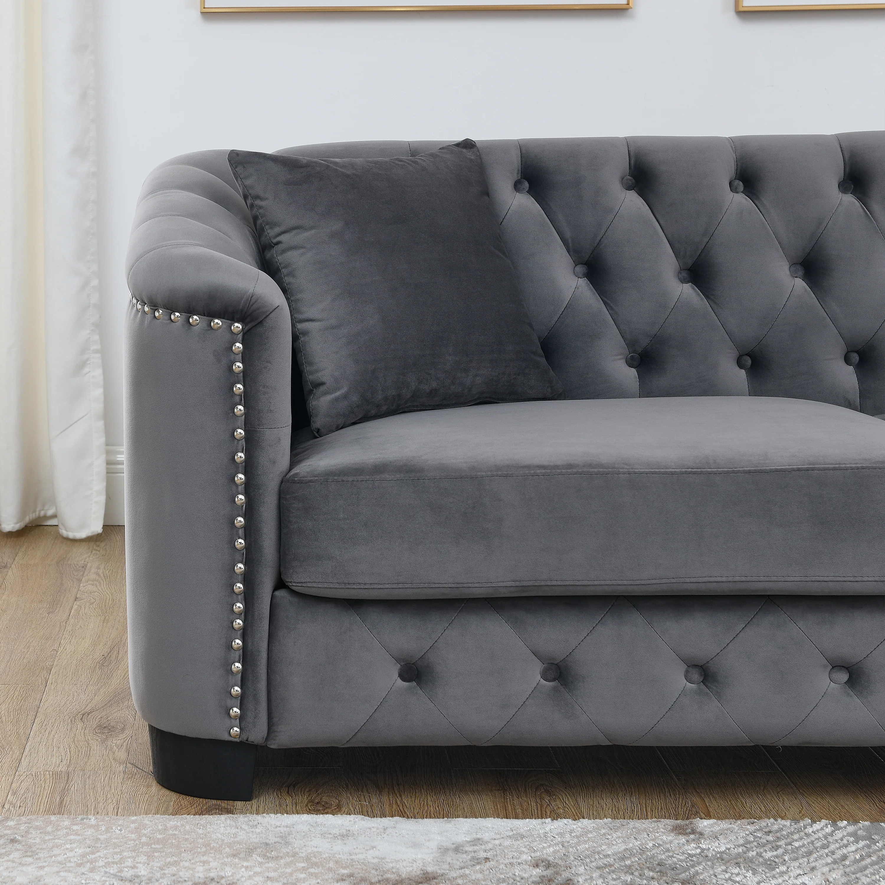Chesterfield Modern Nailhead Tufted Velvet 3-Seater Sofa - Image 23
